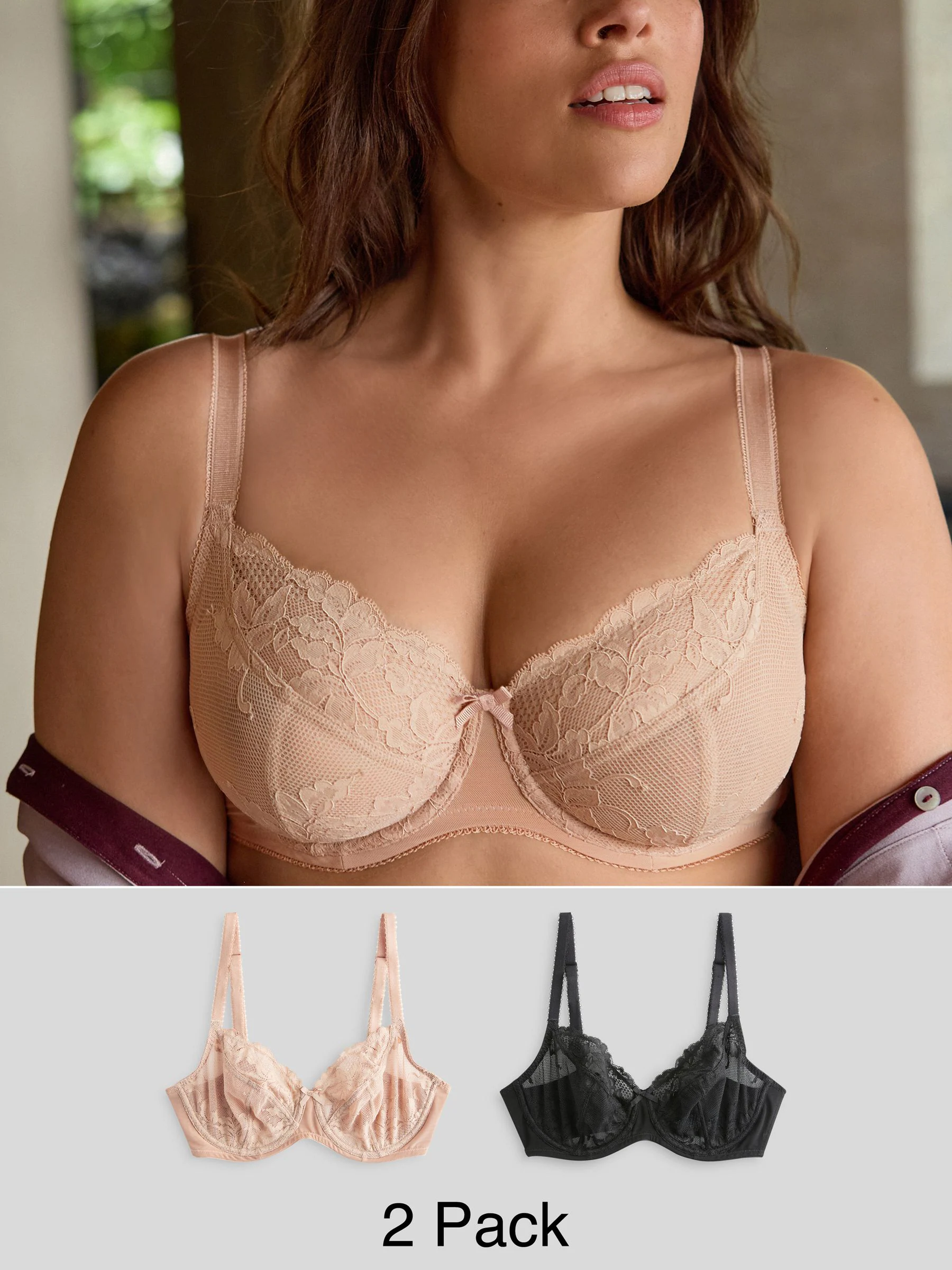 Black/Praline Nude Non Pad Balcony DD+ Lace Bras 2 Pack