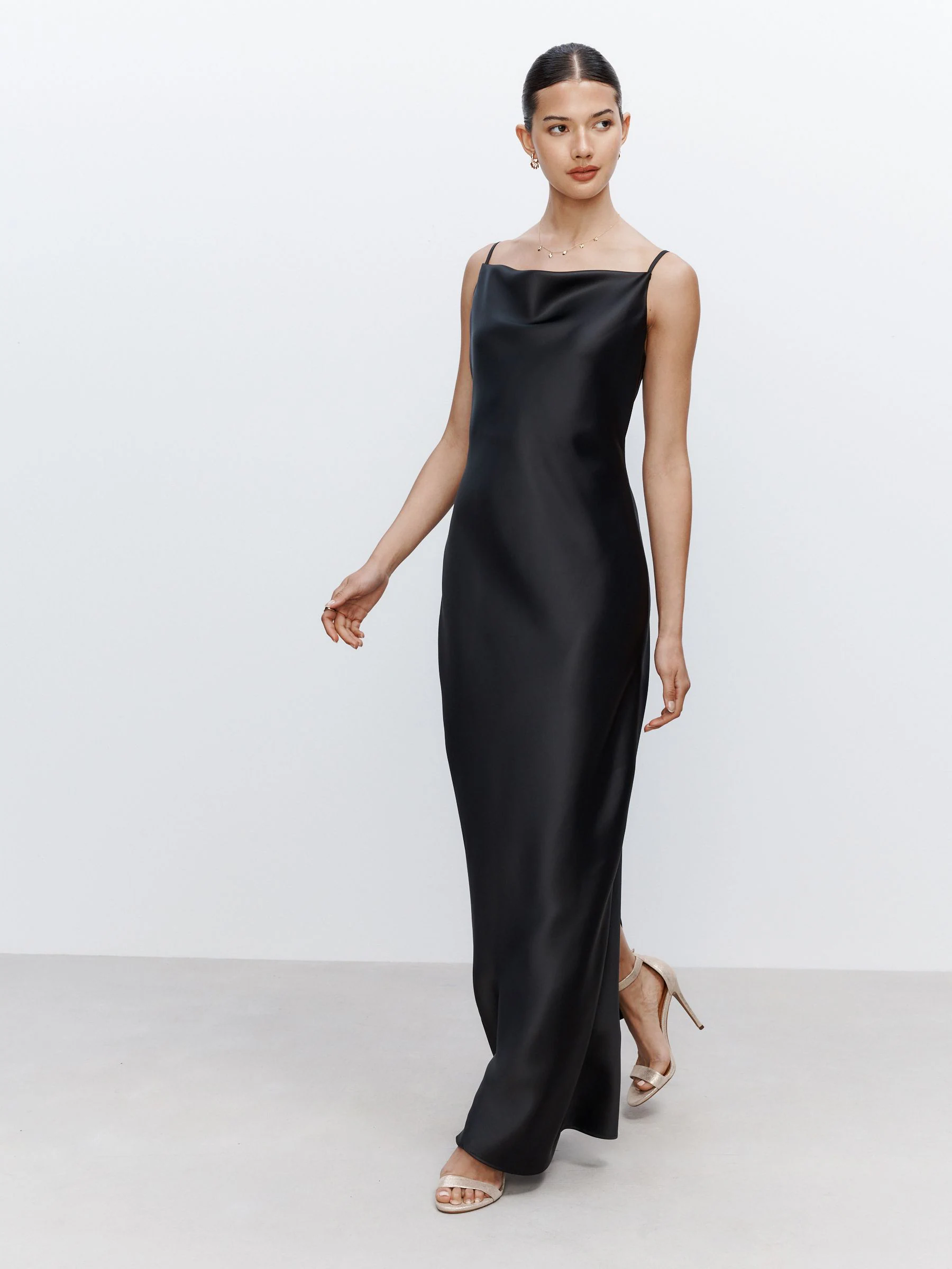 Black Satin Cowl Neck Wedding Guest Bridesmaid Maxi Dress