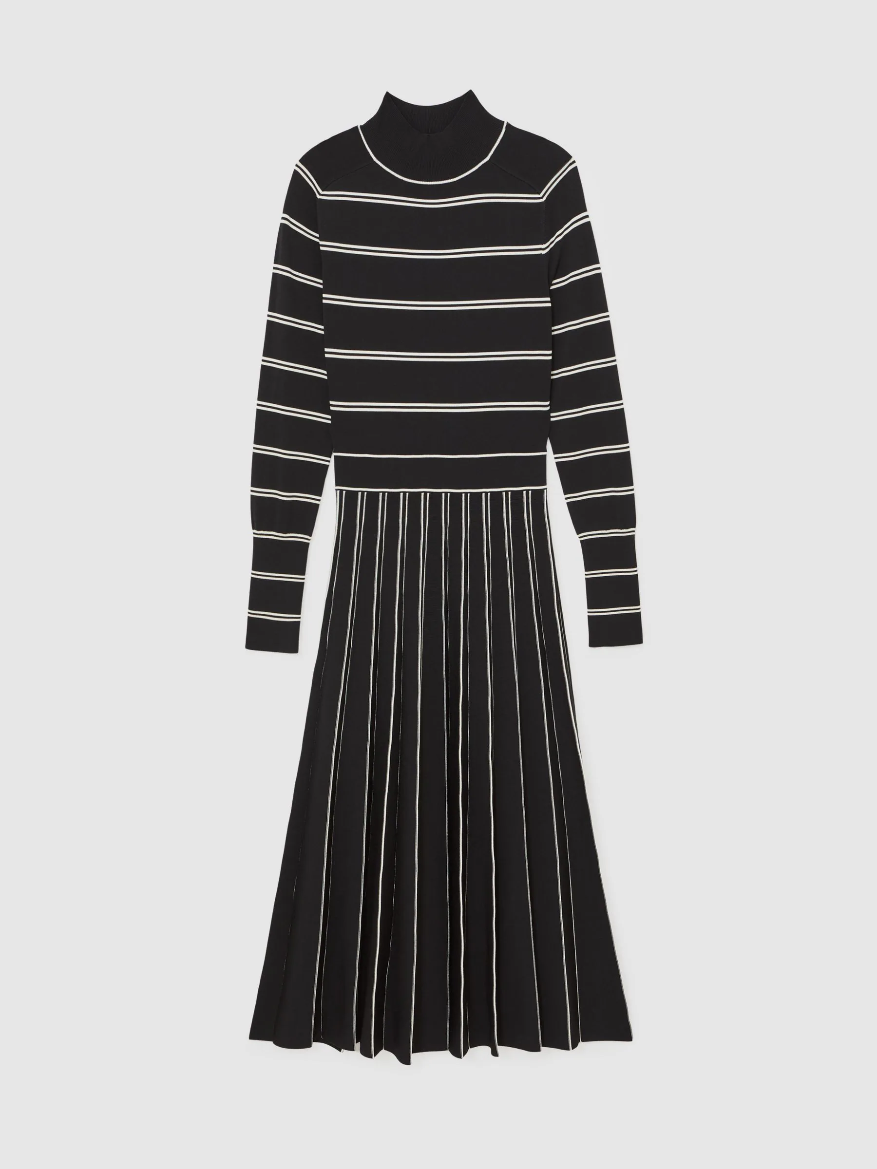 Reiss Black/Ivory Amber Stripe Pleated Knitted Midi Dress