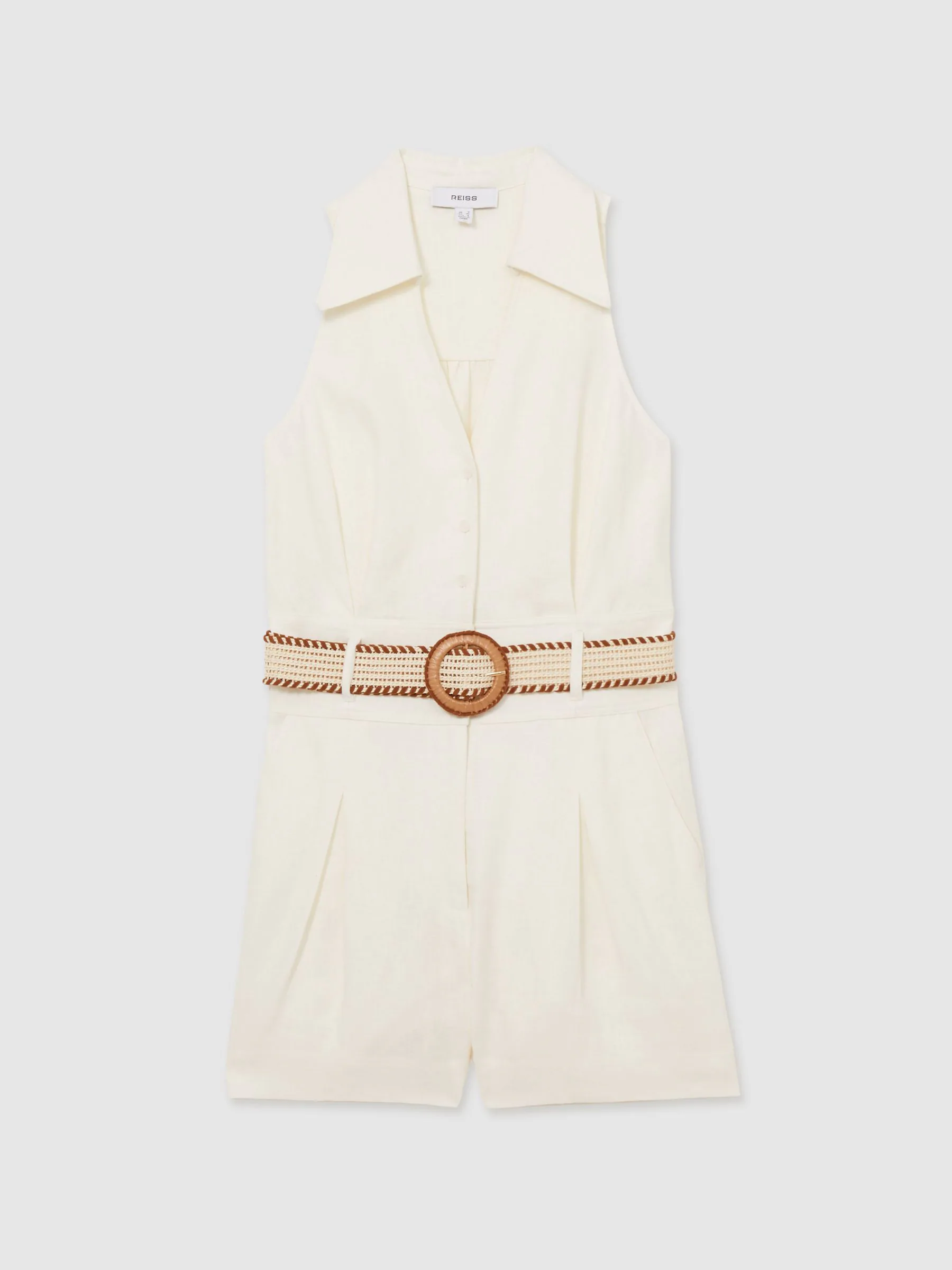 Reiss Cream Anjie Linen Belted Collar Playsuit