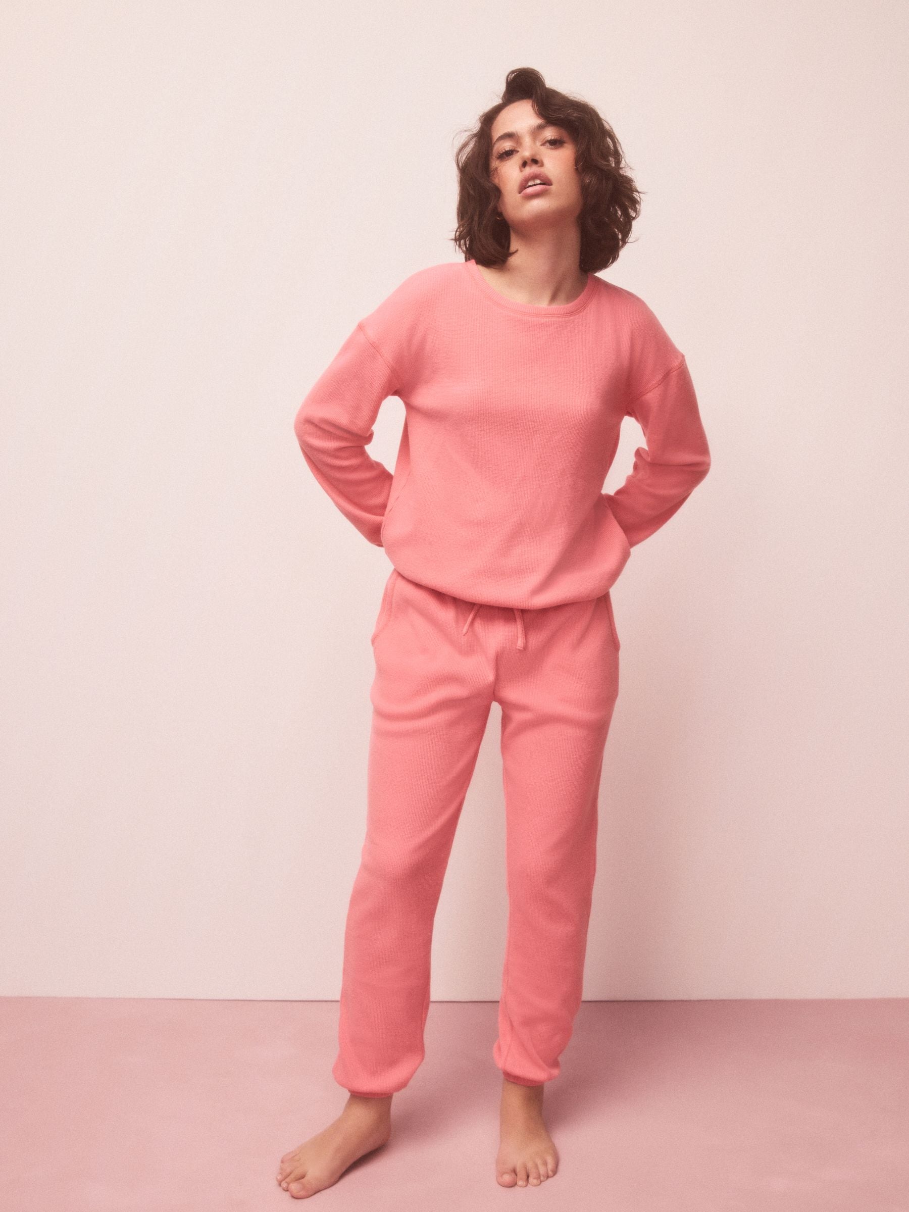 Bright Pink Cosy Waffle Long Sleeve Pyjamas