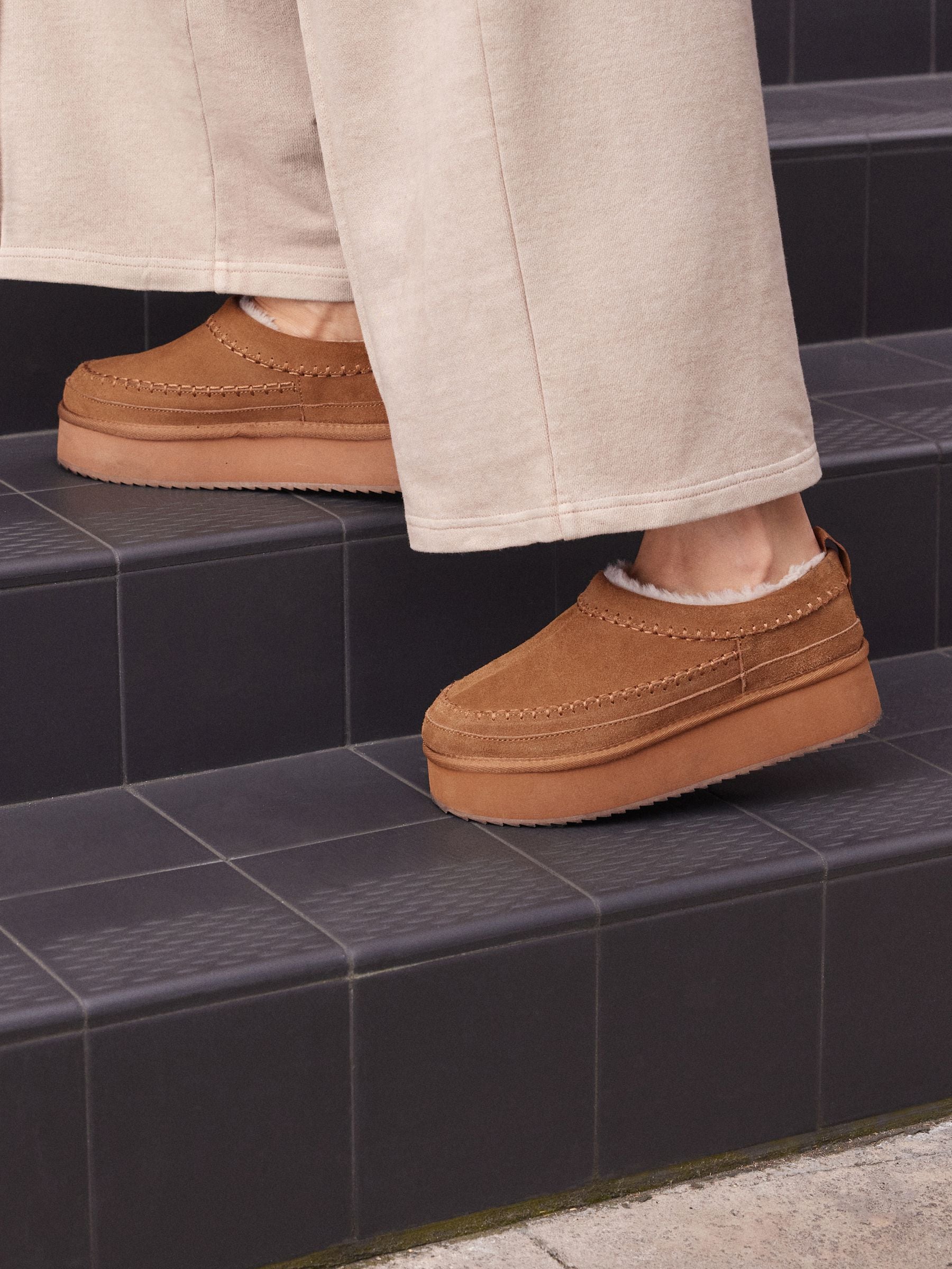 Chestnut Brown Leather Cosy Borg Lined Slip-On Shoes