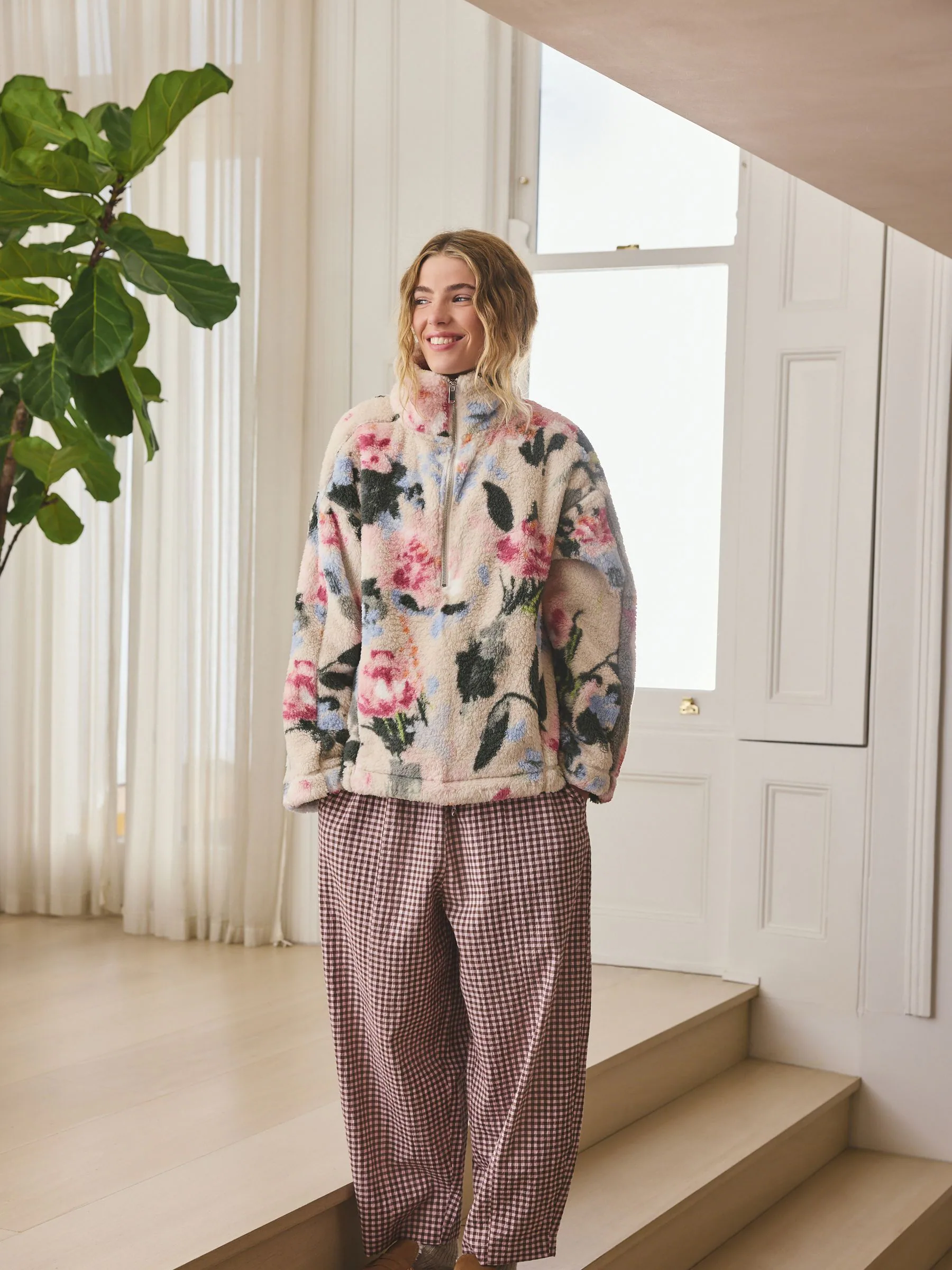 Cream Floral Borg Half Zip Fleece