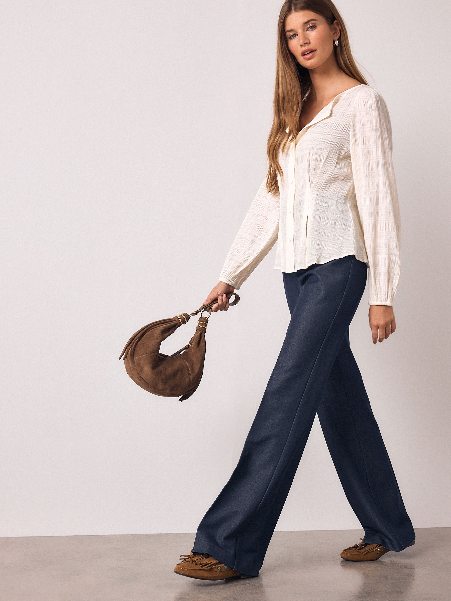 Ecru Long Sleeve Boatneck Textured Button-Front Blouse