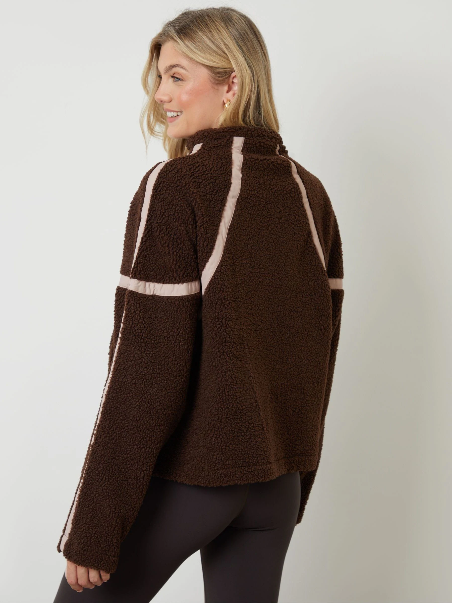 Another Sunday Brown Half Zip Contrast Trim Borg Fleece