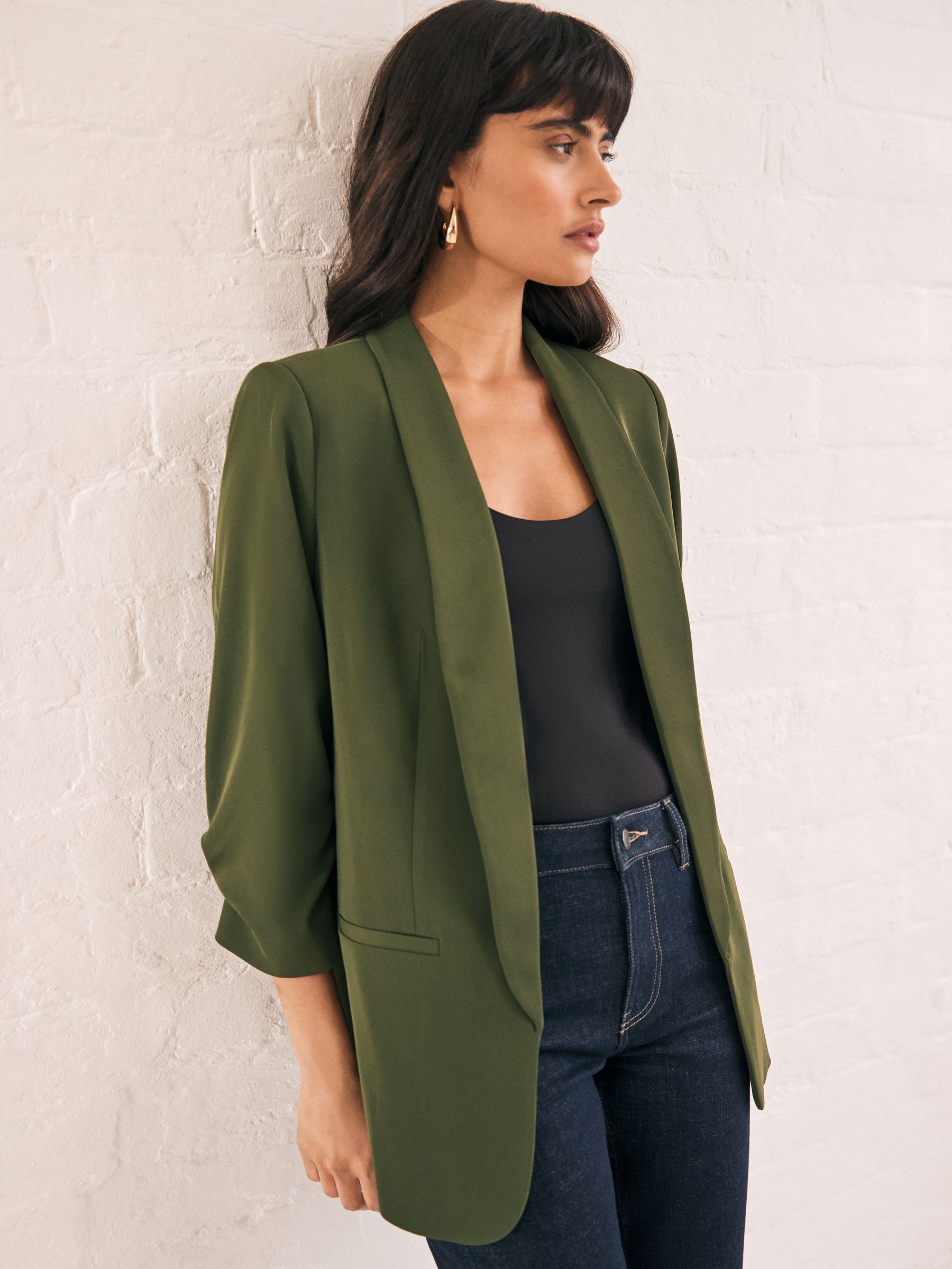 Olive Green Relaxed Ruched Sleeve Blazer