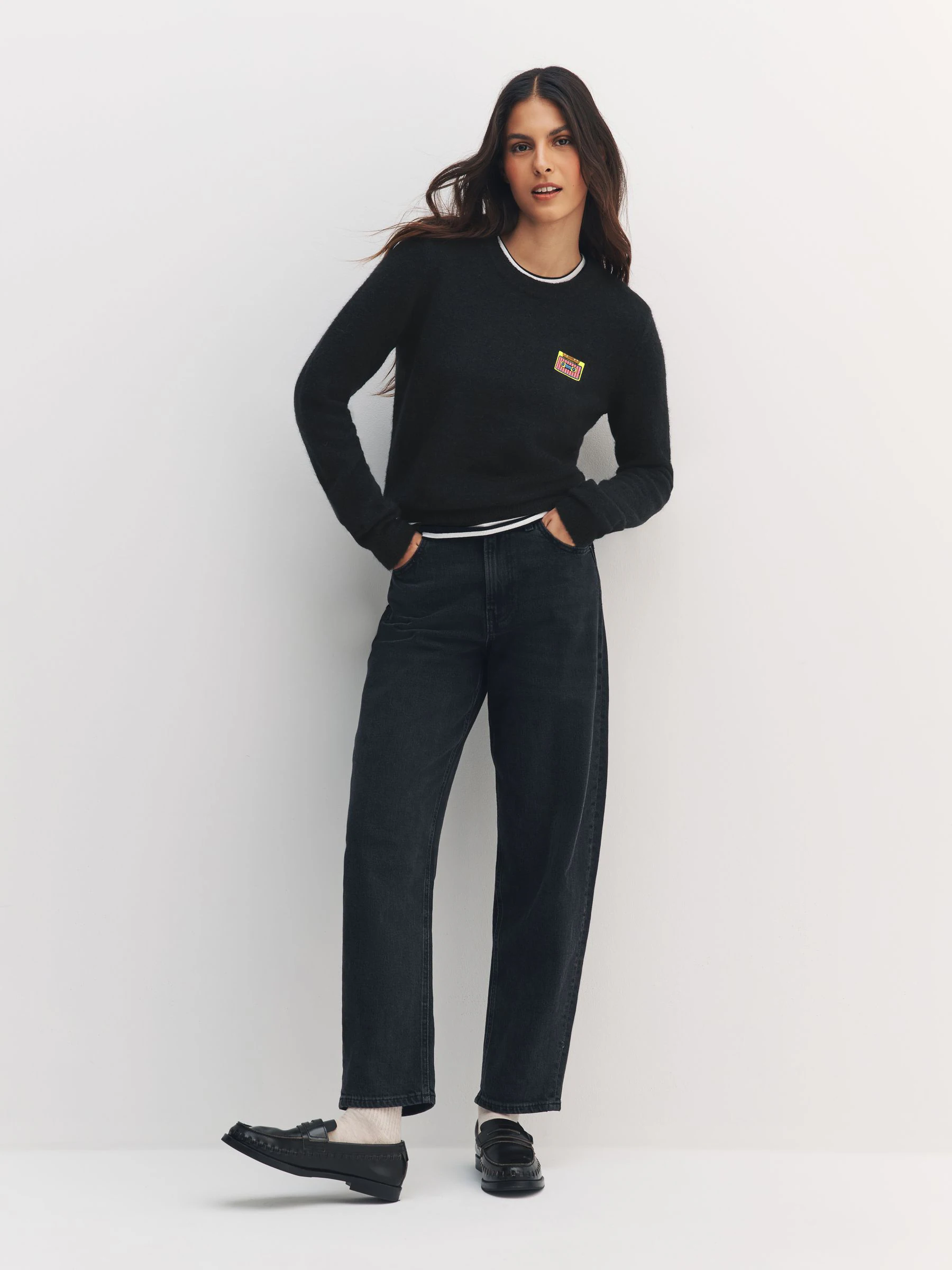 Black Music Cassette Long Sleeve Crew Neck Jumper With Wool