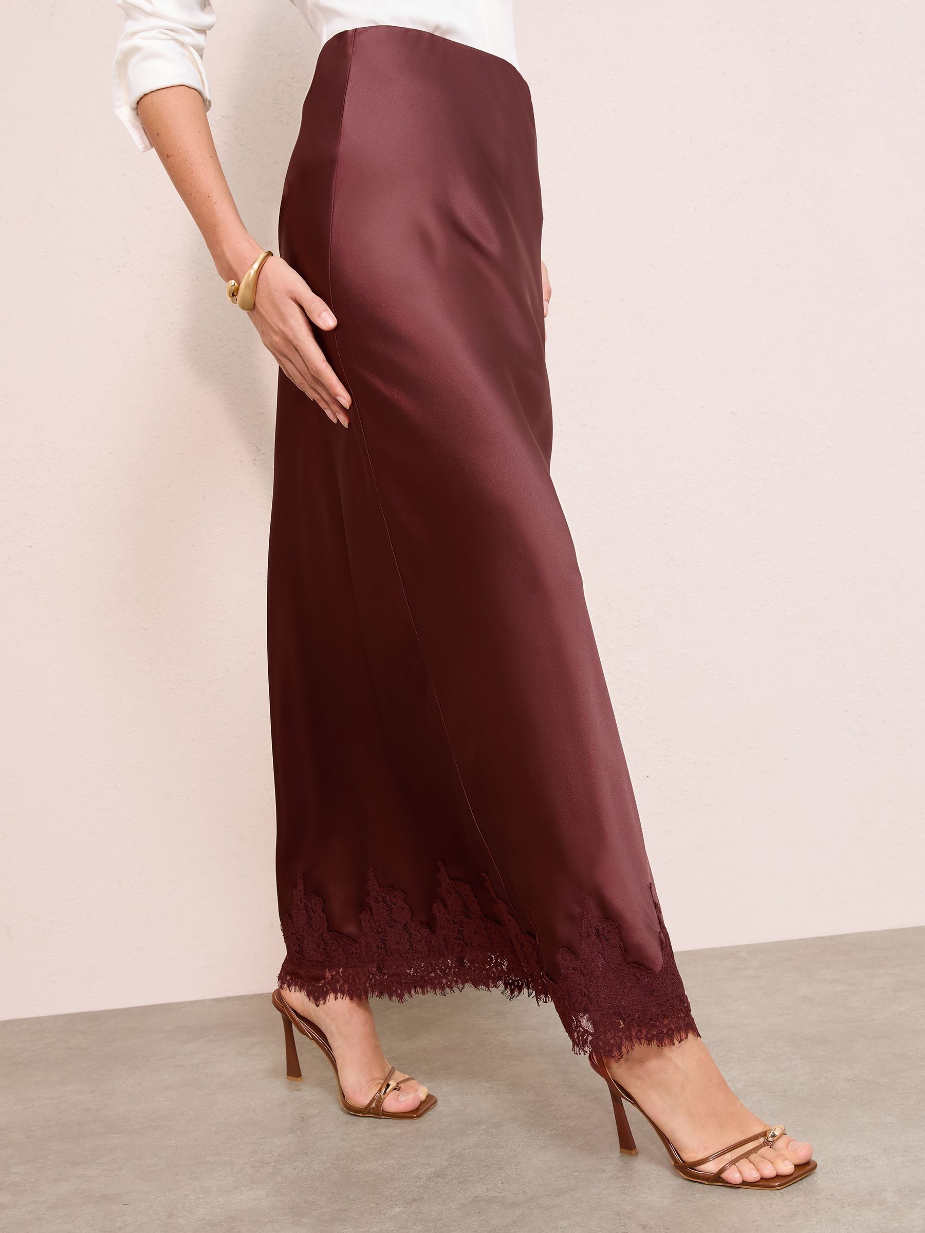 Friends Like These X Lucy Mecklenburgh Brown Satin Lace Trim Maxi Skirt