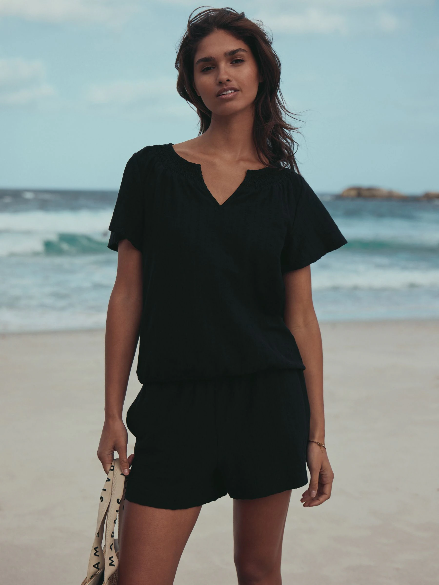 Black Shirred Jersey Shorts