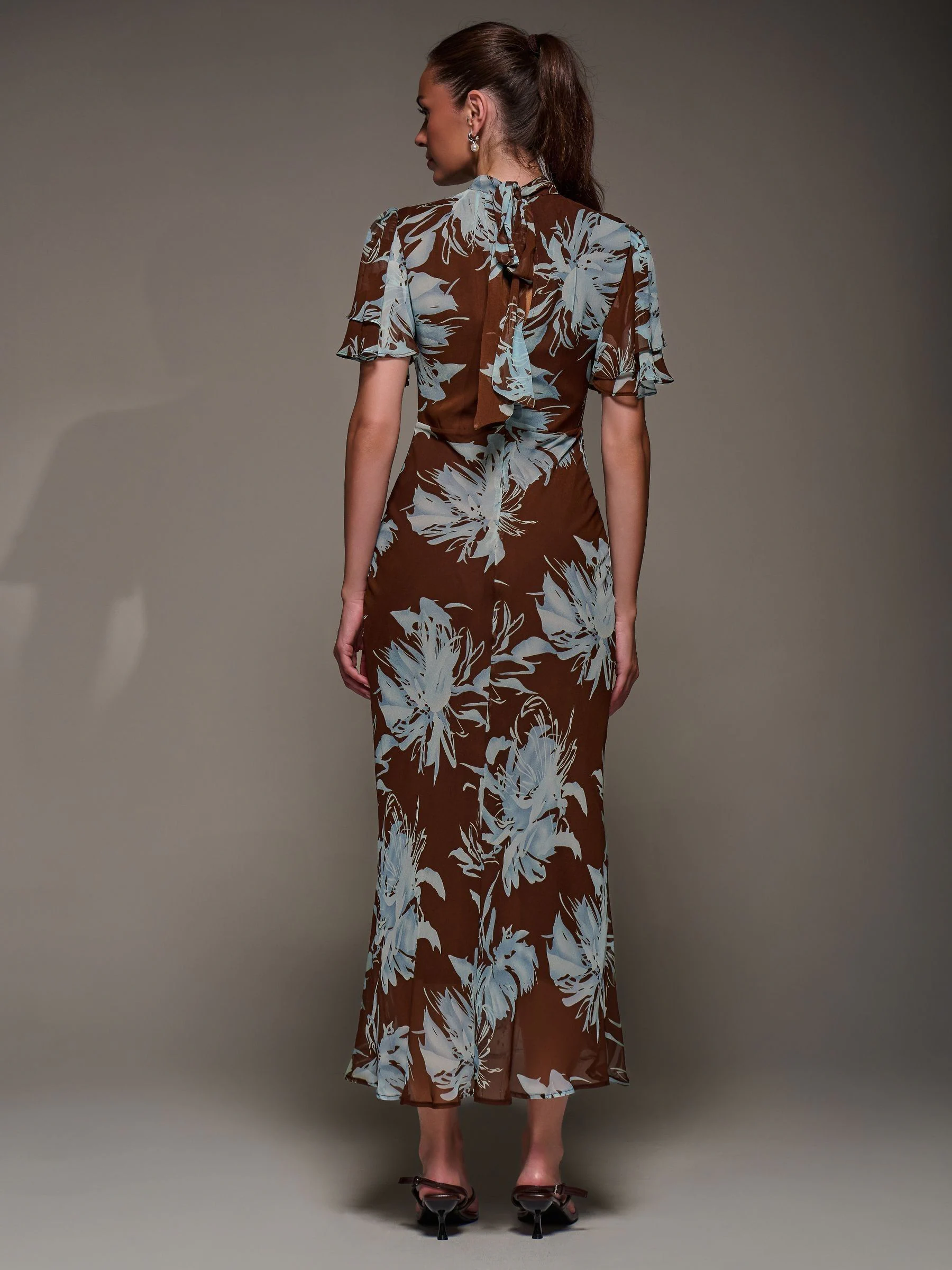 Jolie Moi Brown High Neck Angel Sleeve Chiffon Maxi Dress