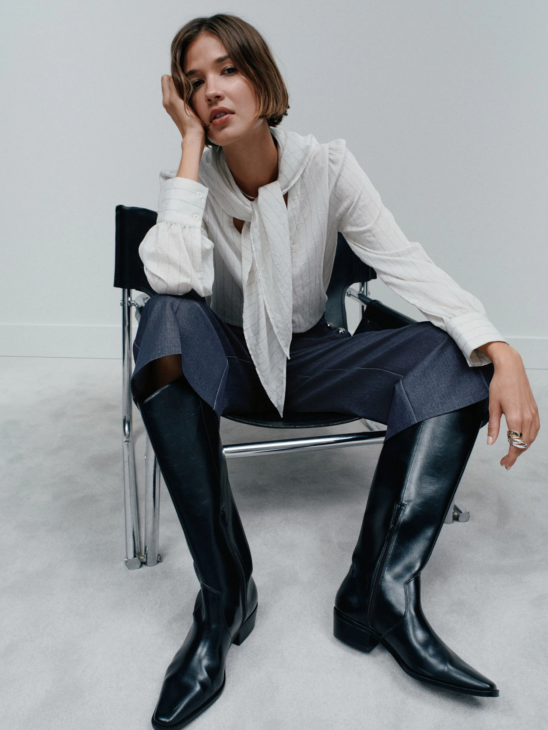 Ecru Pinstripe Long Sleeve Blouse with Neck Scarf Detail