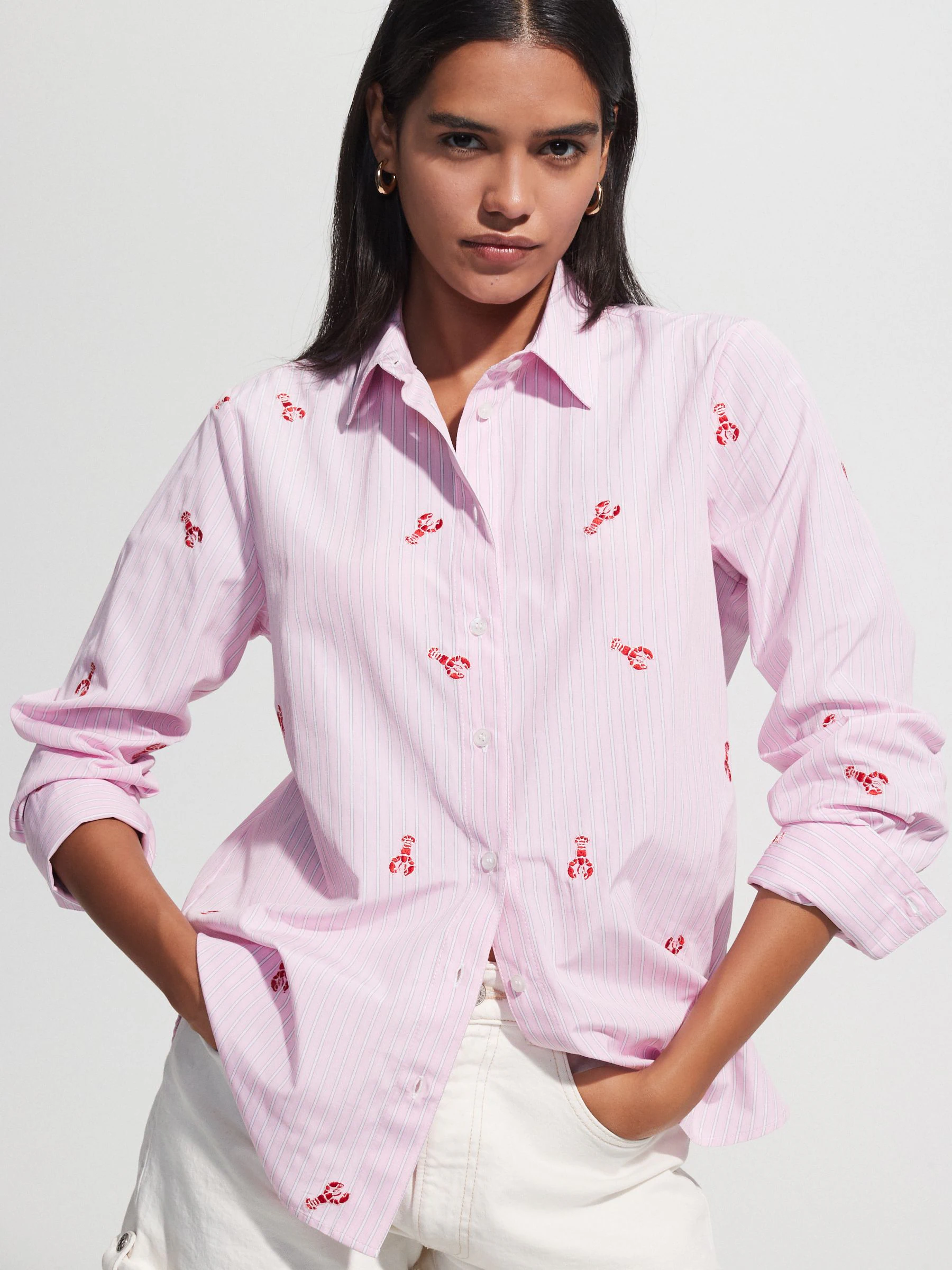 Pink/White Stripe Lobster Embroidered Long Sleeve Shirt