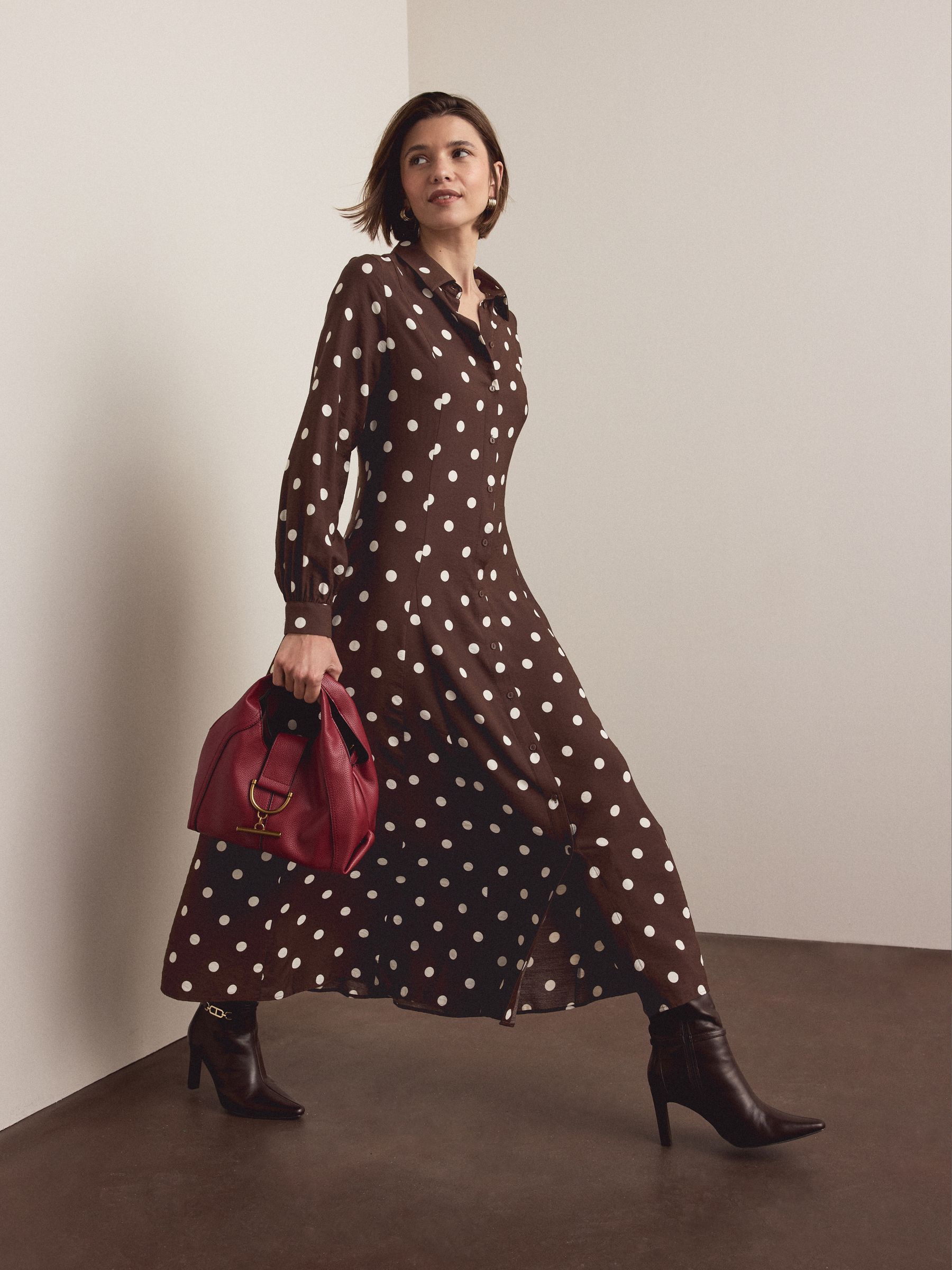 Chocolate Brown/Ecru Polka Dot Fuller Bust Long Sleeve Midi Shirt Dress