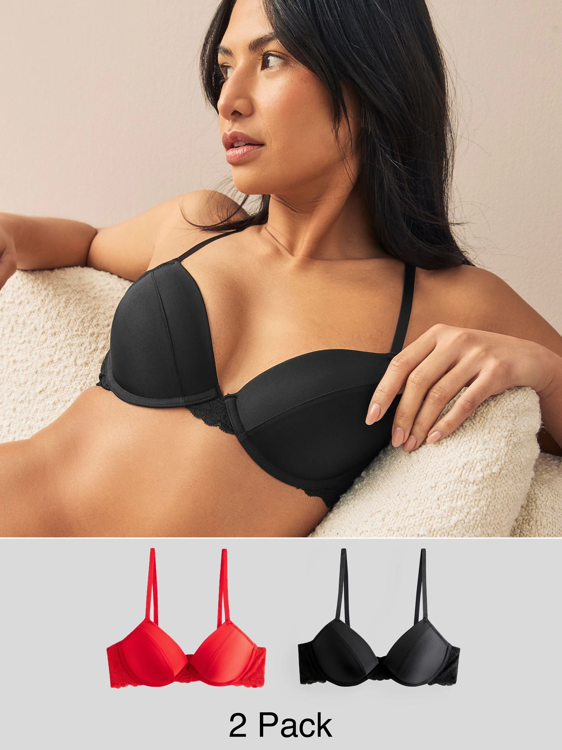 Red/Black Push Up Pad Plunge A-E Smoothing T-Shirt Bras 2 Pack