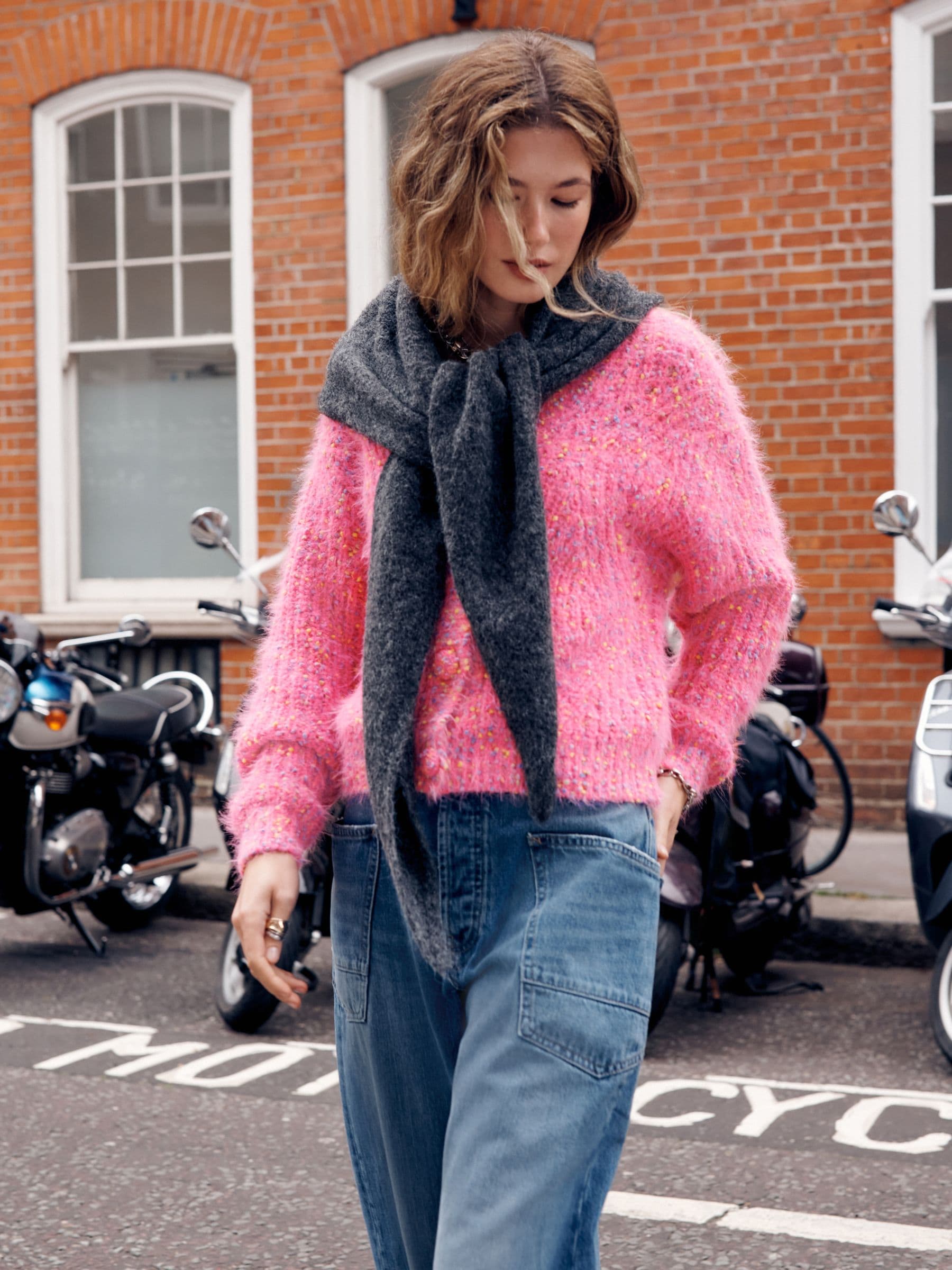 Bright Pink Neppy Fuzzy Texture V-Neck Cardigan