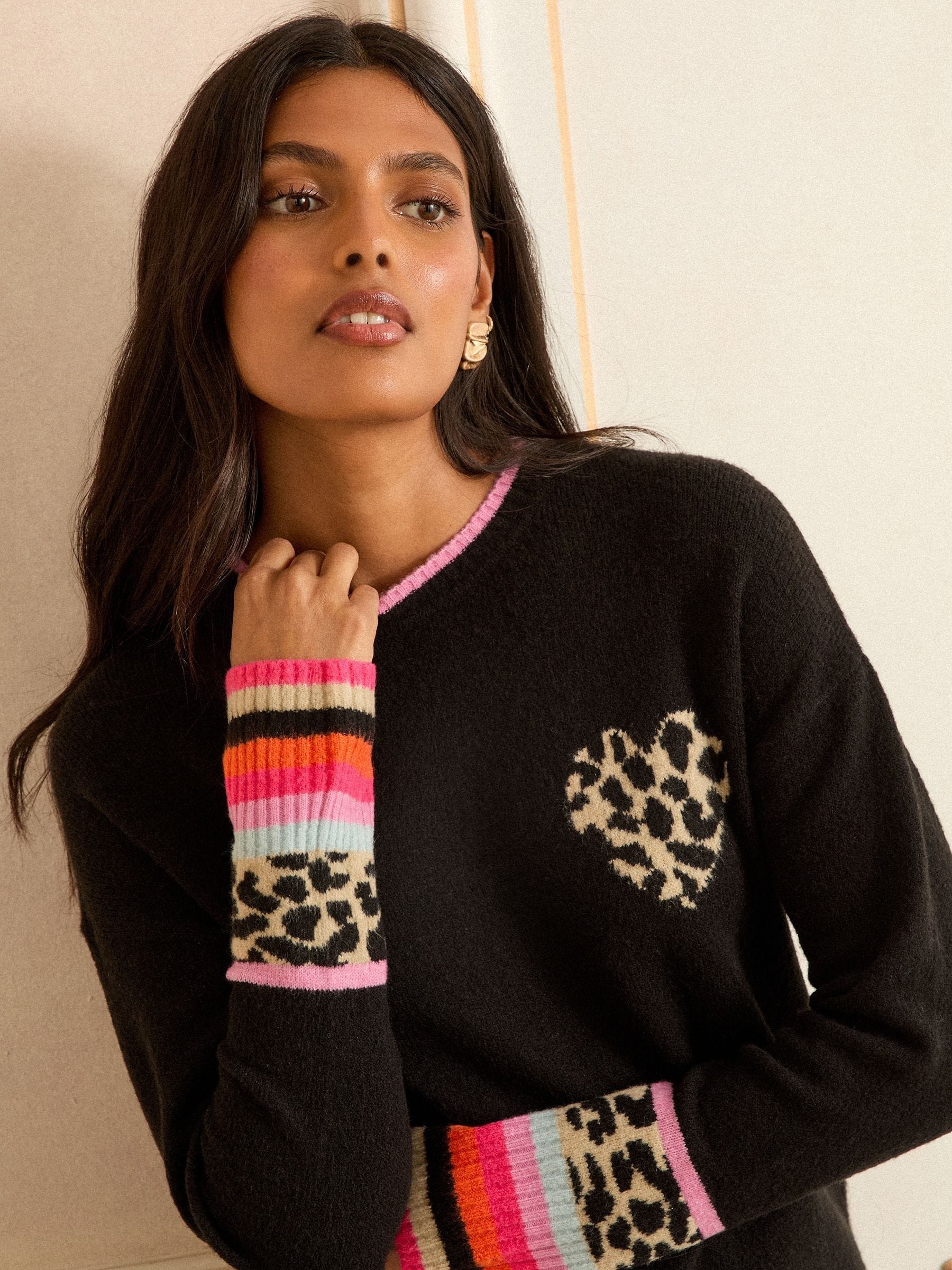 Love & Roses Black Animal Print Heart Crew Neck Cosy Jumper