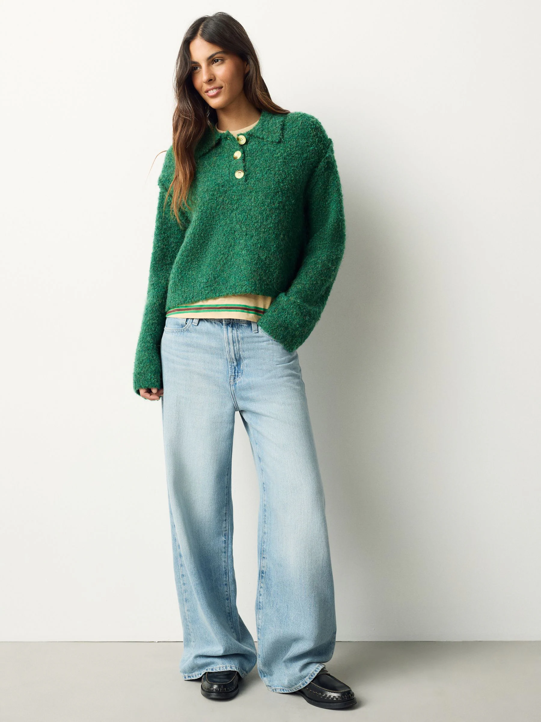 Dark Green Boucle Long Sleeve Polo Jumper