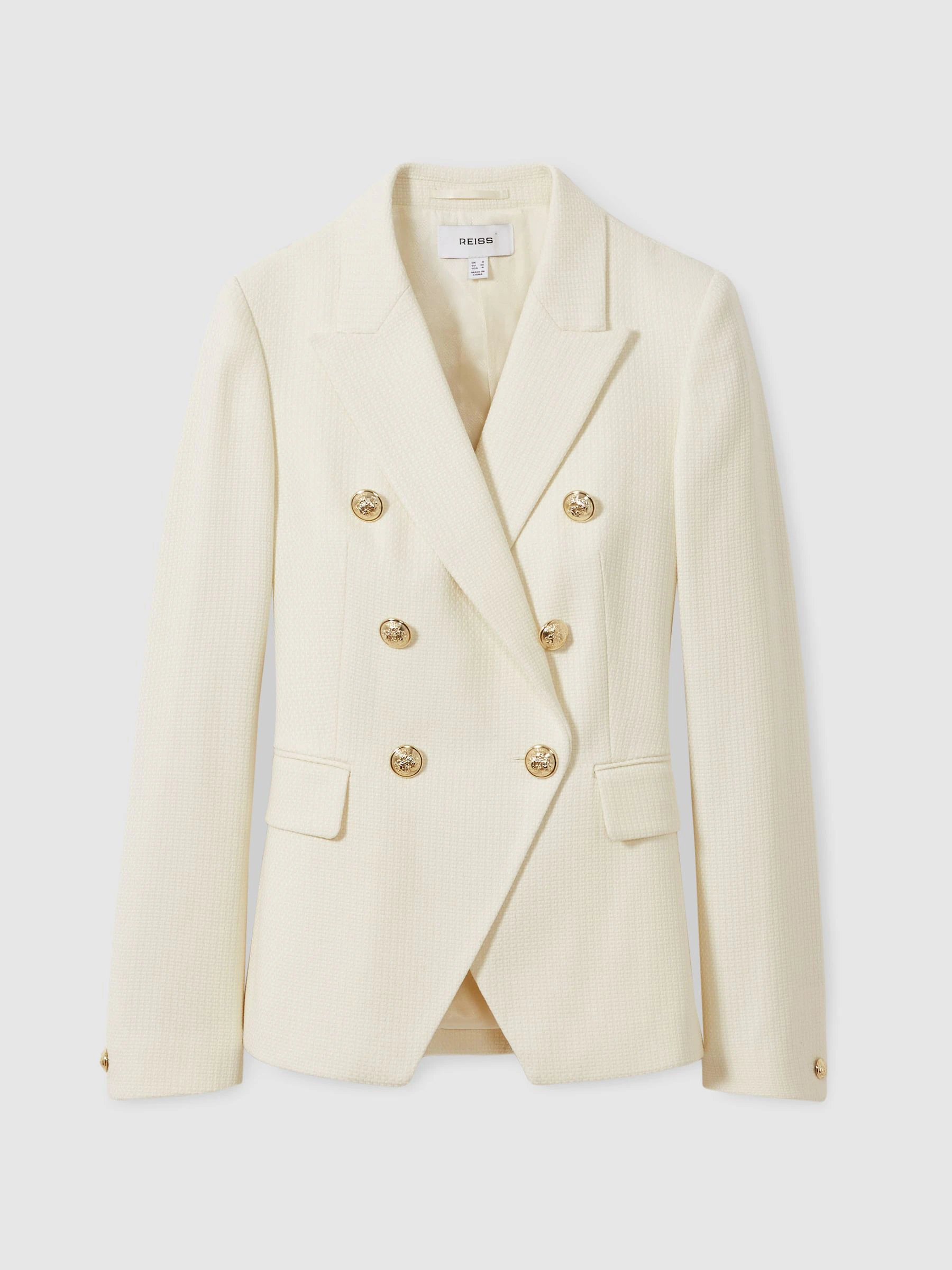 Reiss White Tally Petite Tailored Fit Textured Double Breasted Blazer