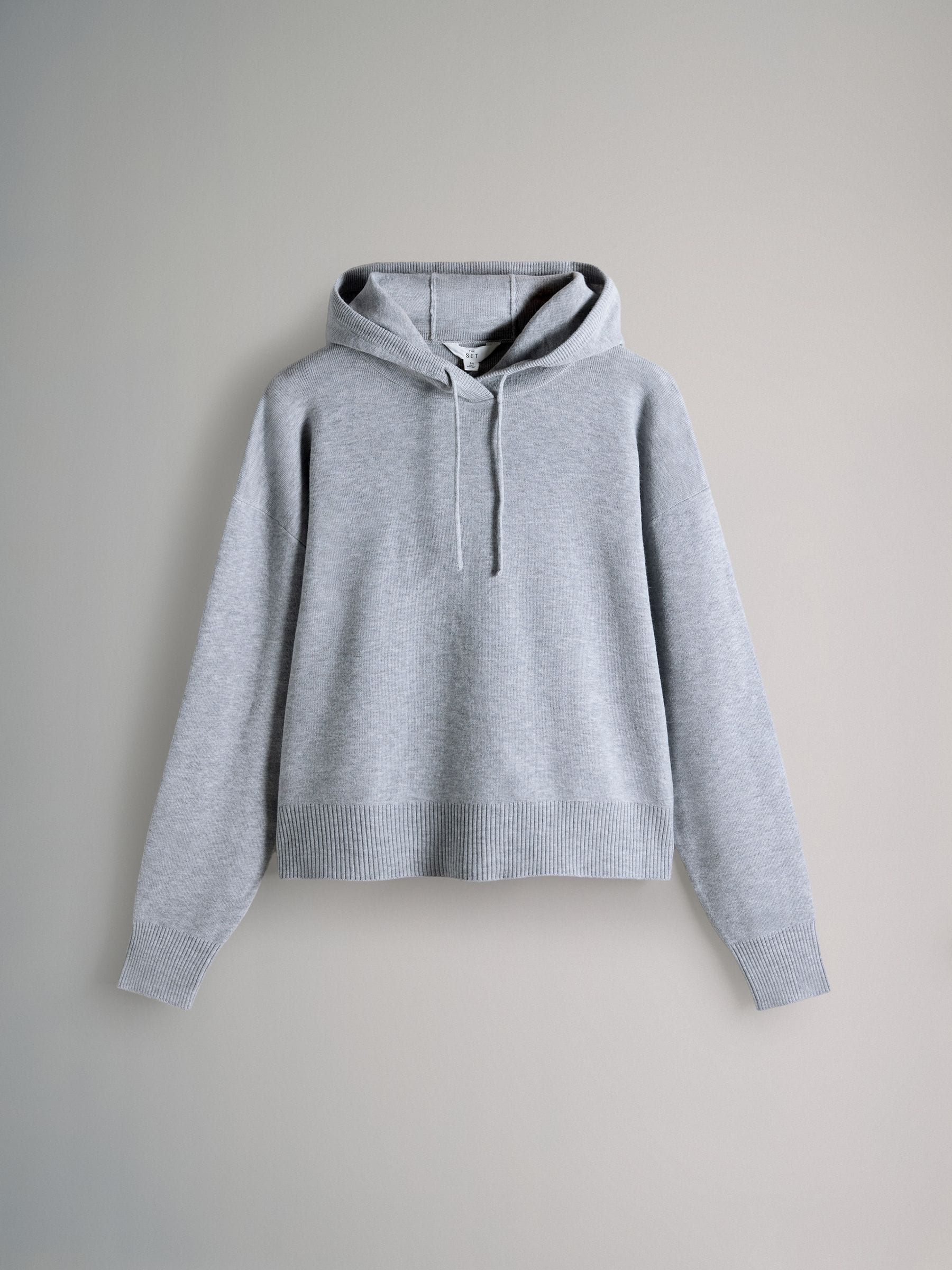 The Set Knitted Ribbed Hoodie and Wide Leg Trouser Co-ord Light Grey Marl