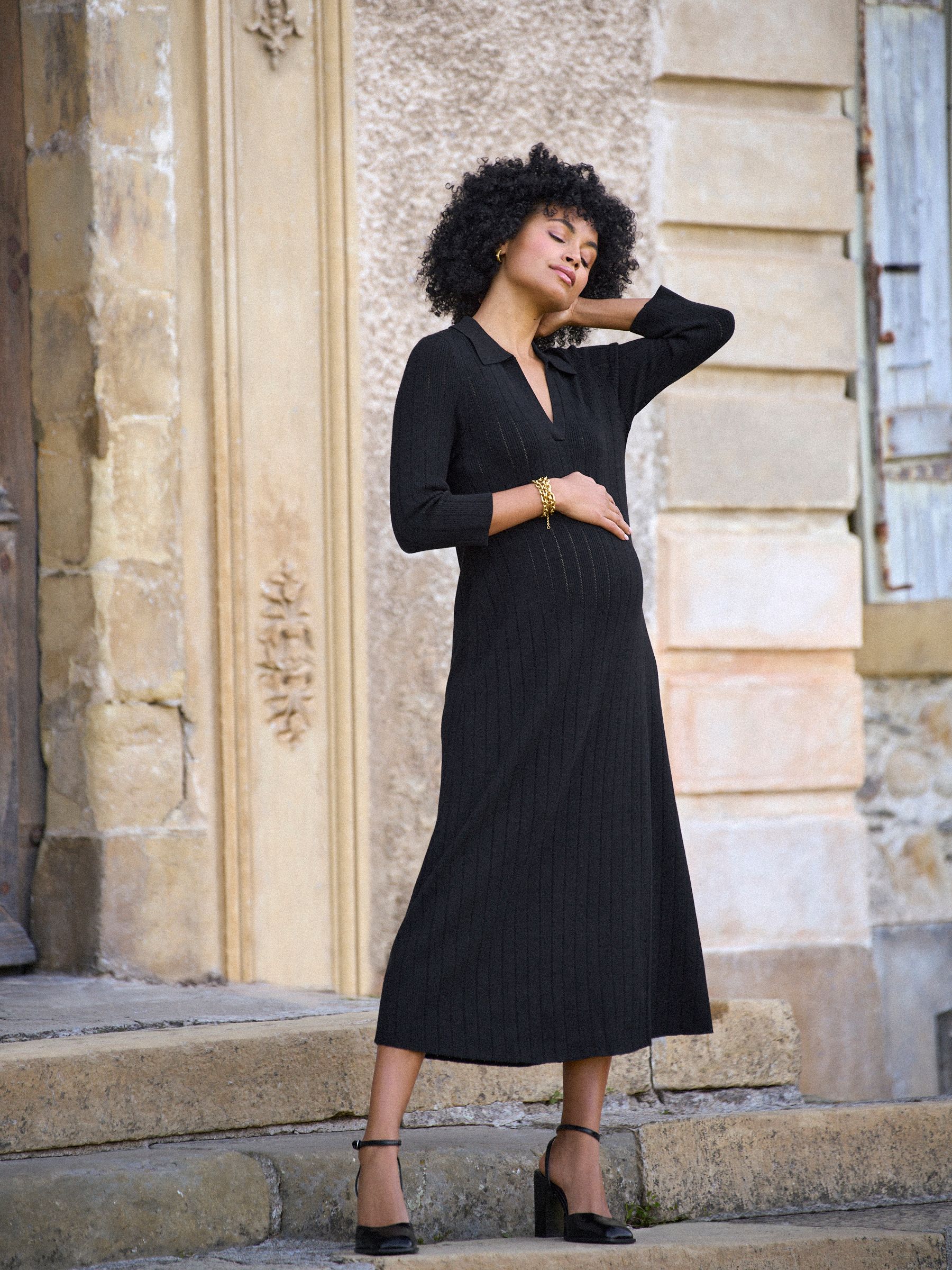 Seraphine Black Maternity Pointelle Knit Dress