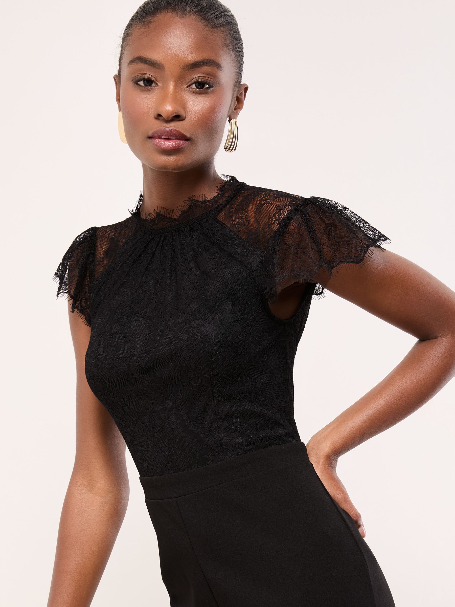 Lipsy Black Lace High Neck Short Sleeve Jumpsuit