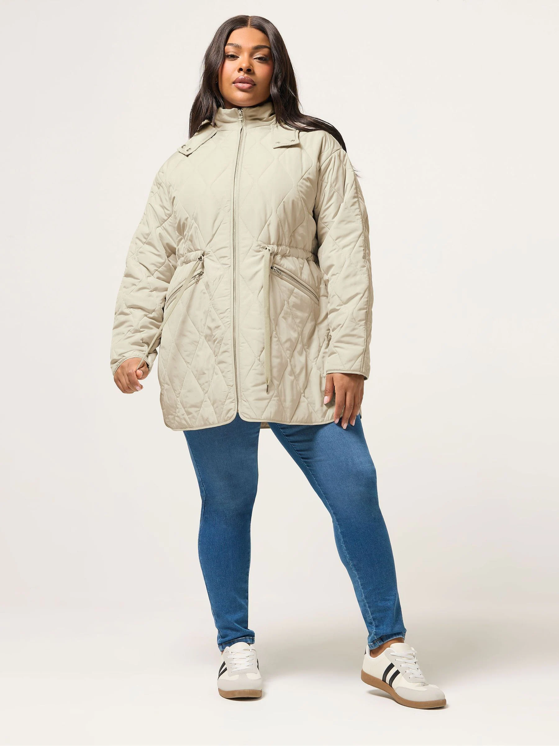 Yours Curve Cream Lightweight Diamond Quilted Midi Jacket