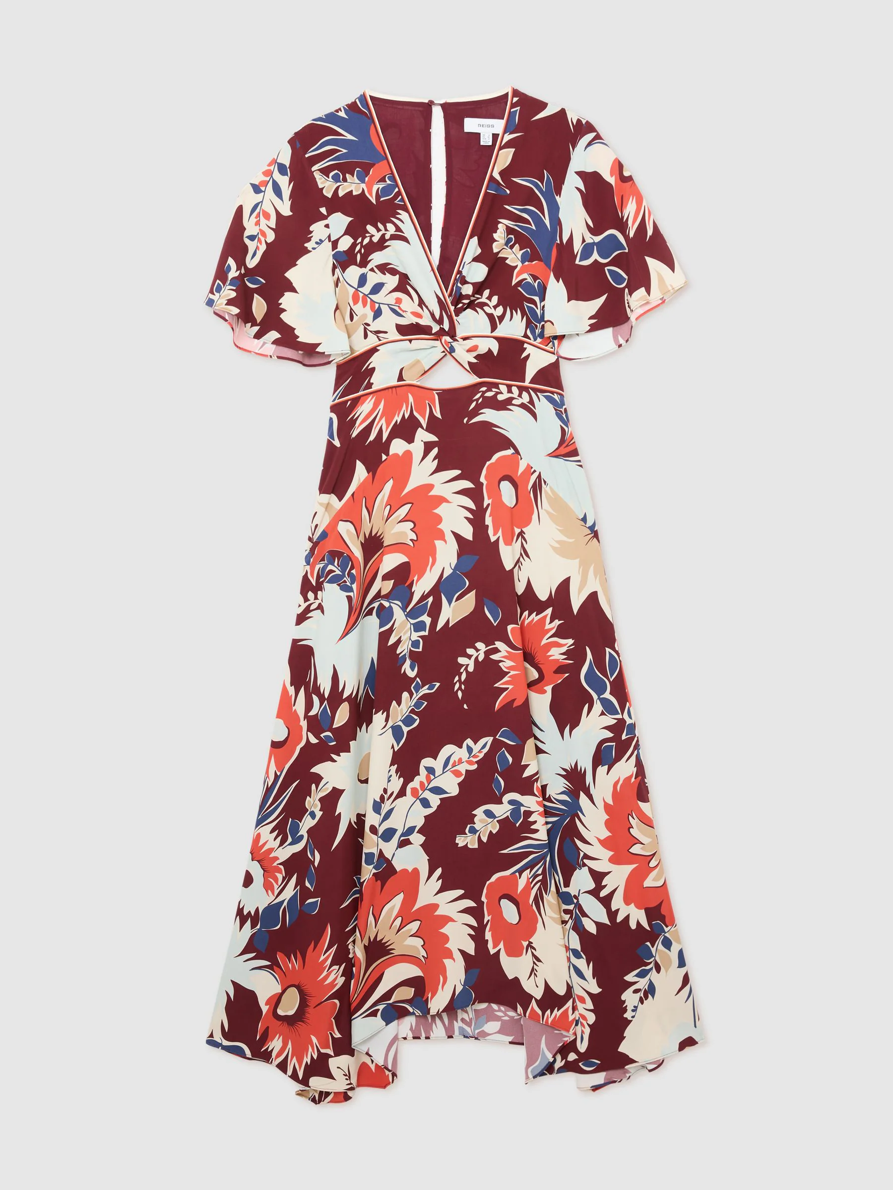 Reiss Burgundy Asha Floral-Print Cut-Out Midi Dress