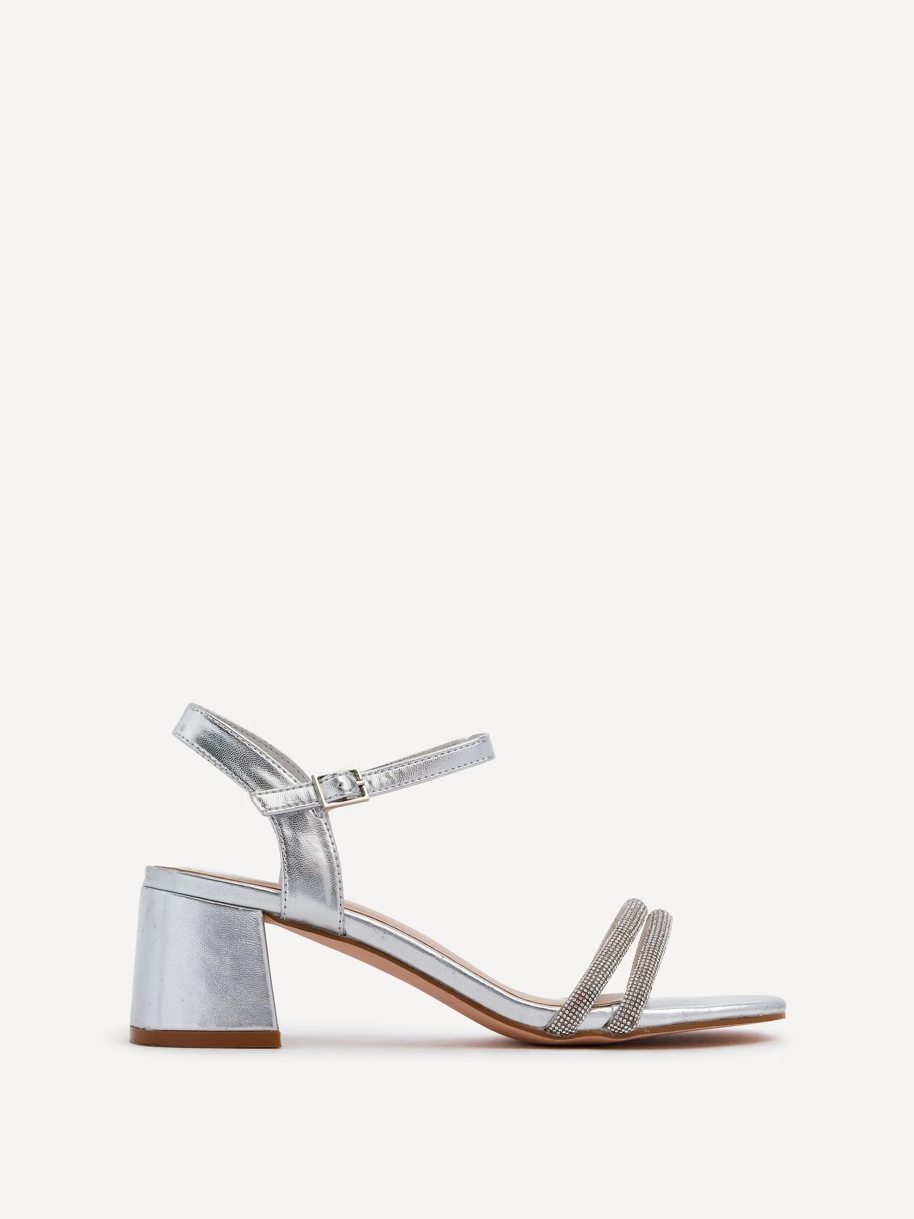 Linzi Silver Bunty Block Heeled Sandals With Diamante Trim