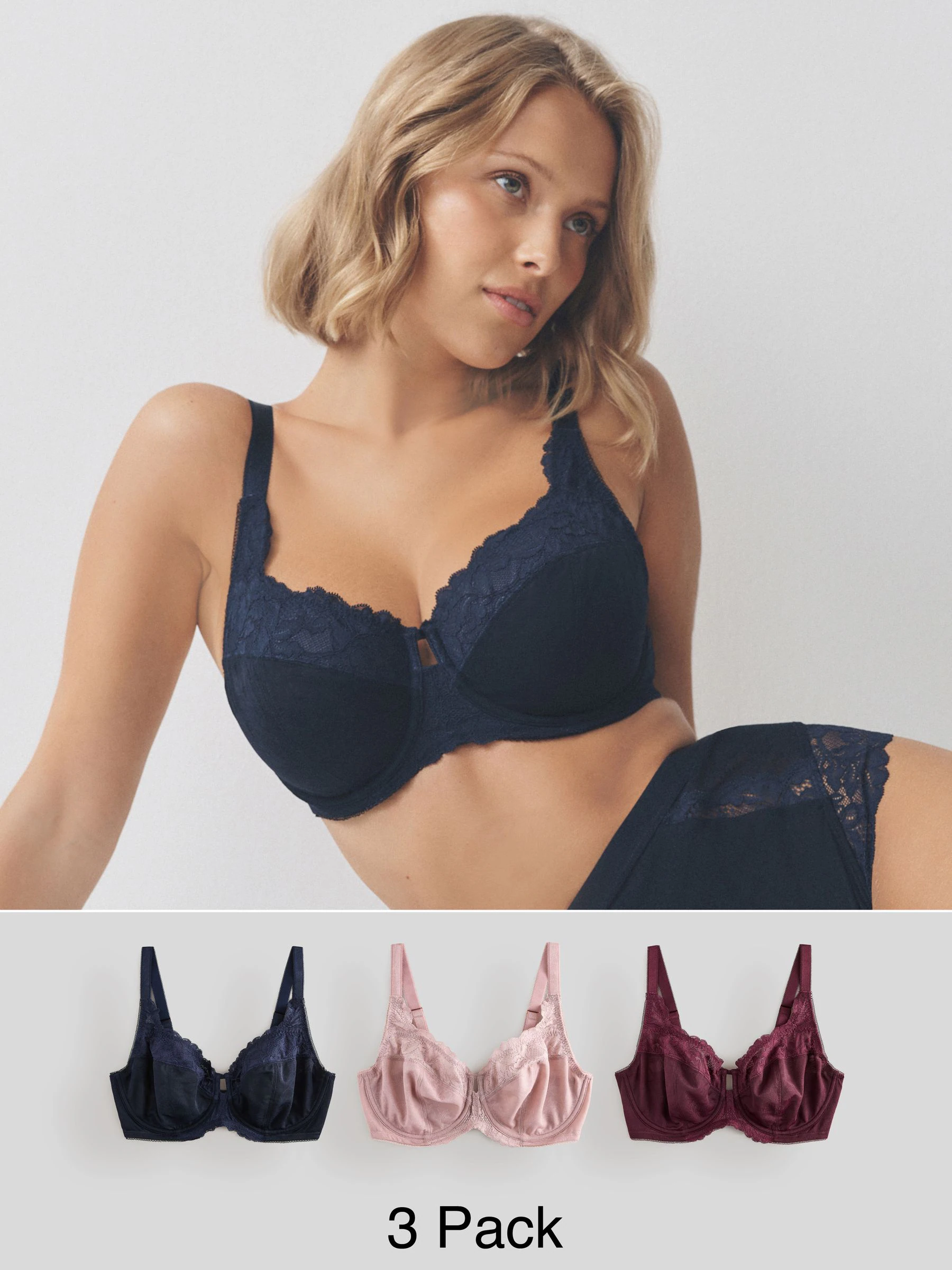 Navy/Berry/Pink DD+ Lace Trim Non Pad Full Cup Underwired Bras 3 Pack