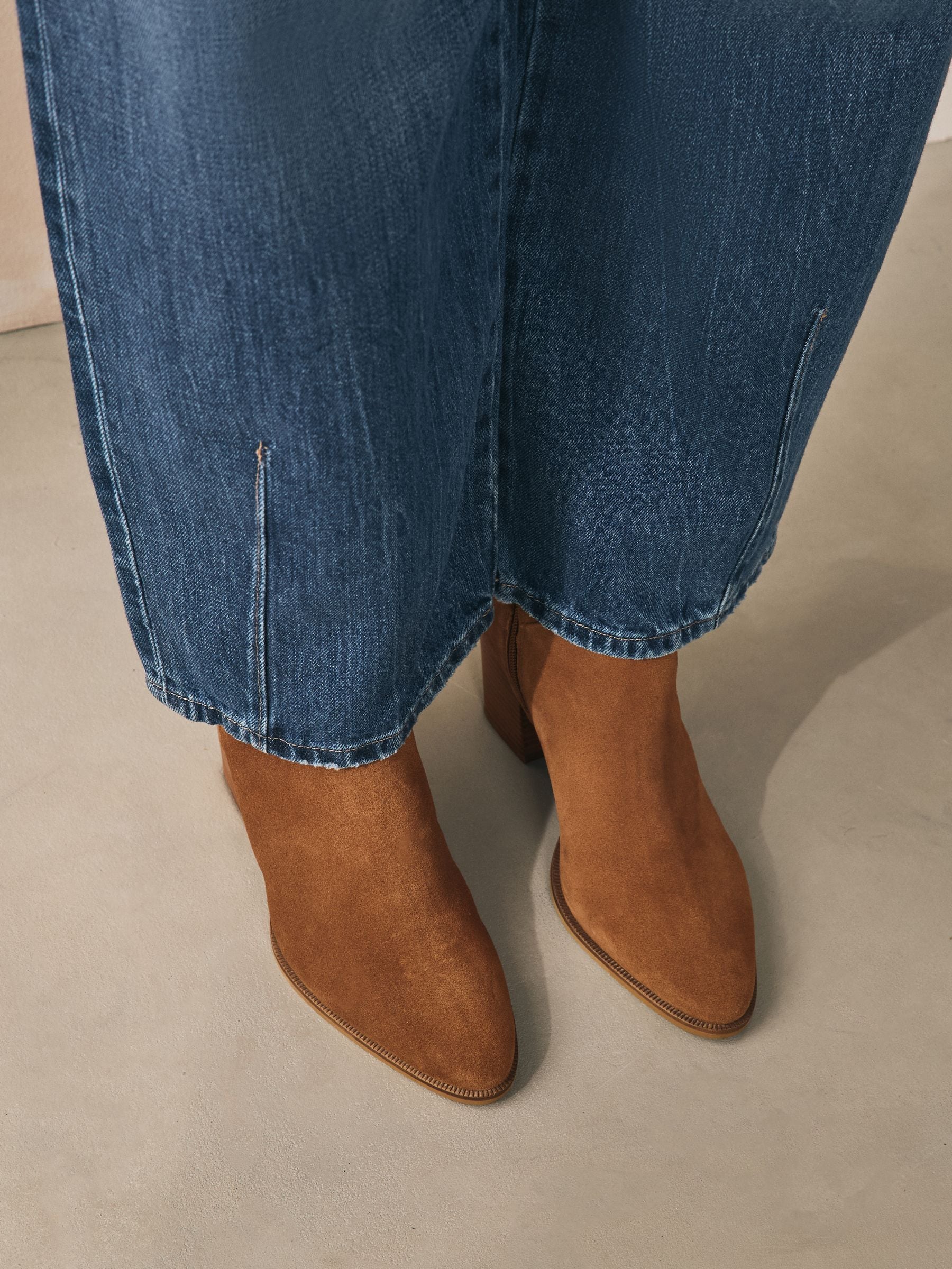 Tan Brown Suede Western Block Heel Ankle Boots