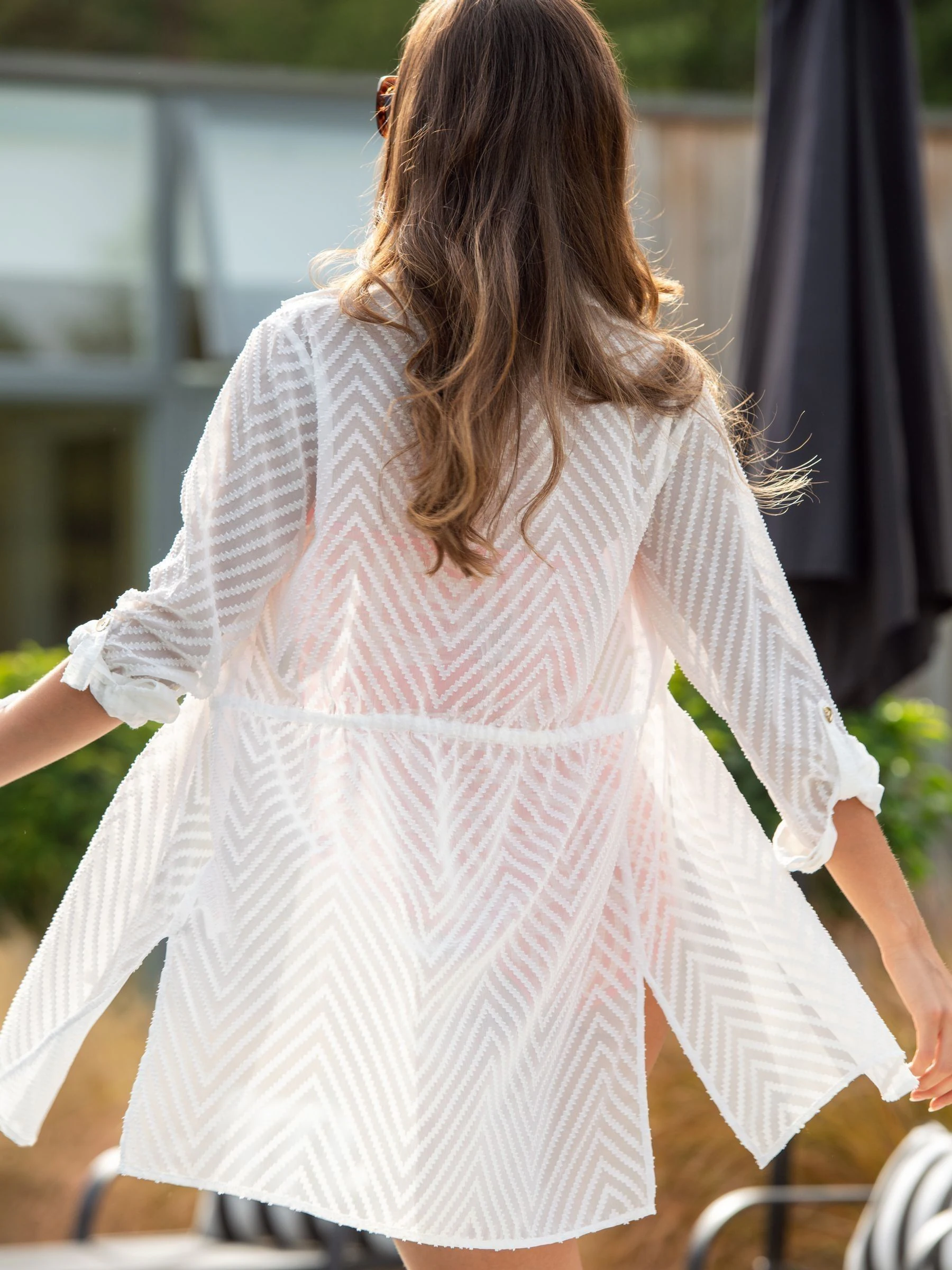 Pour Moi White Chevron Stripe Button Through Chiffon Beach Shirt