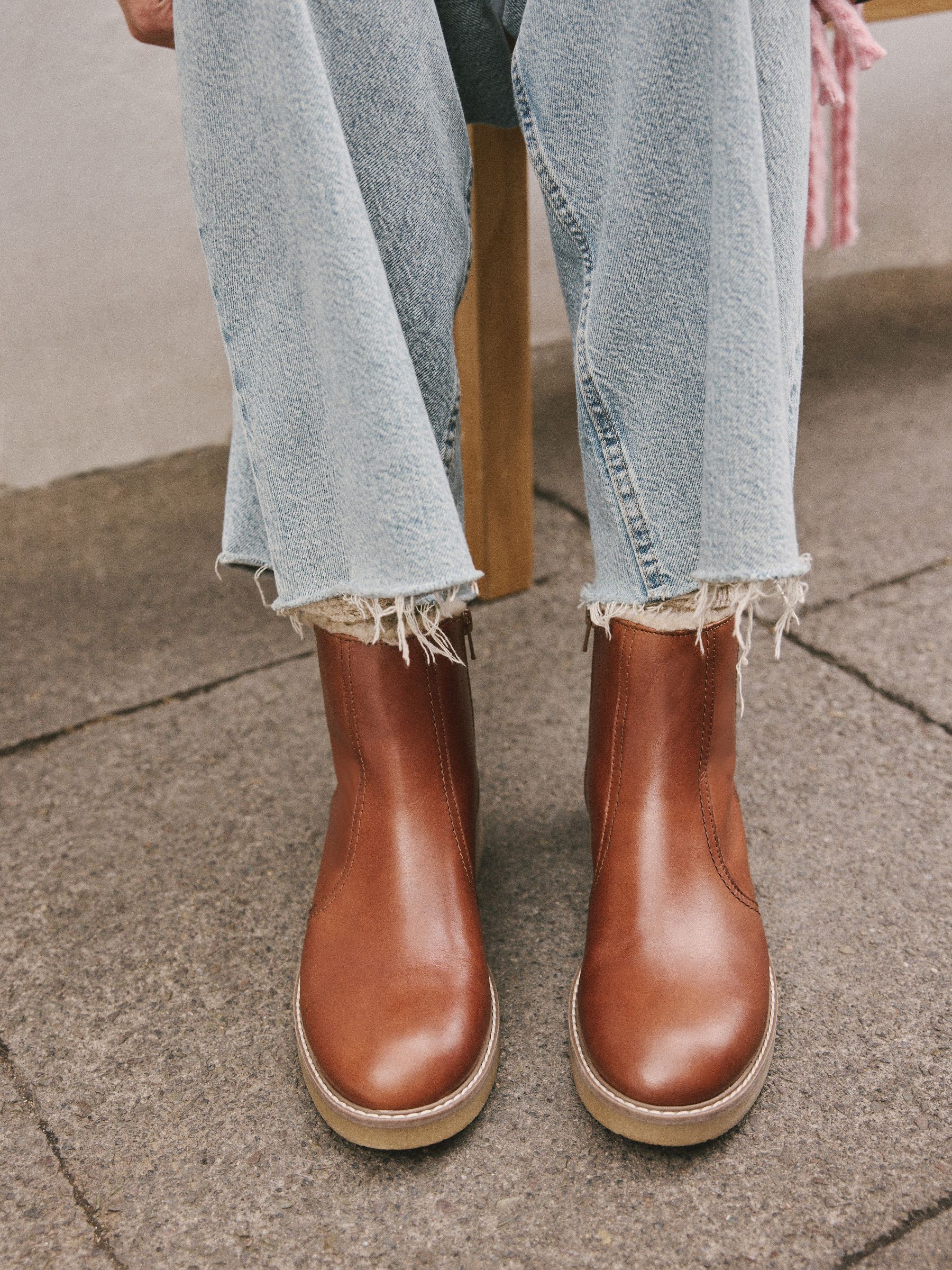 Tan Brown Leather Forever Comfort® Faux Fur Lined Buckle Trim Ankle Boots