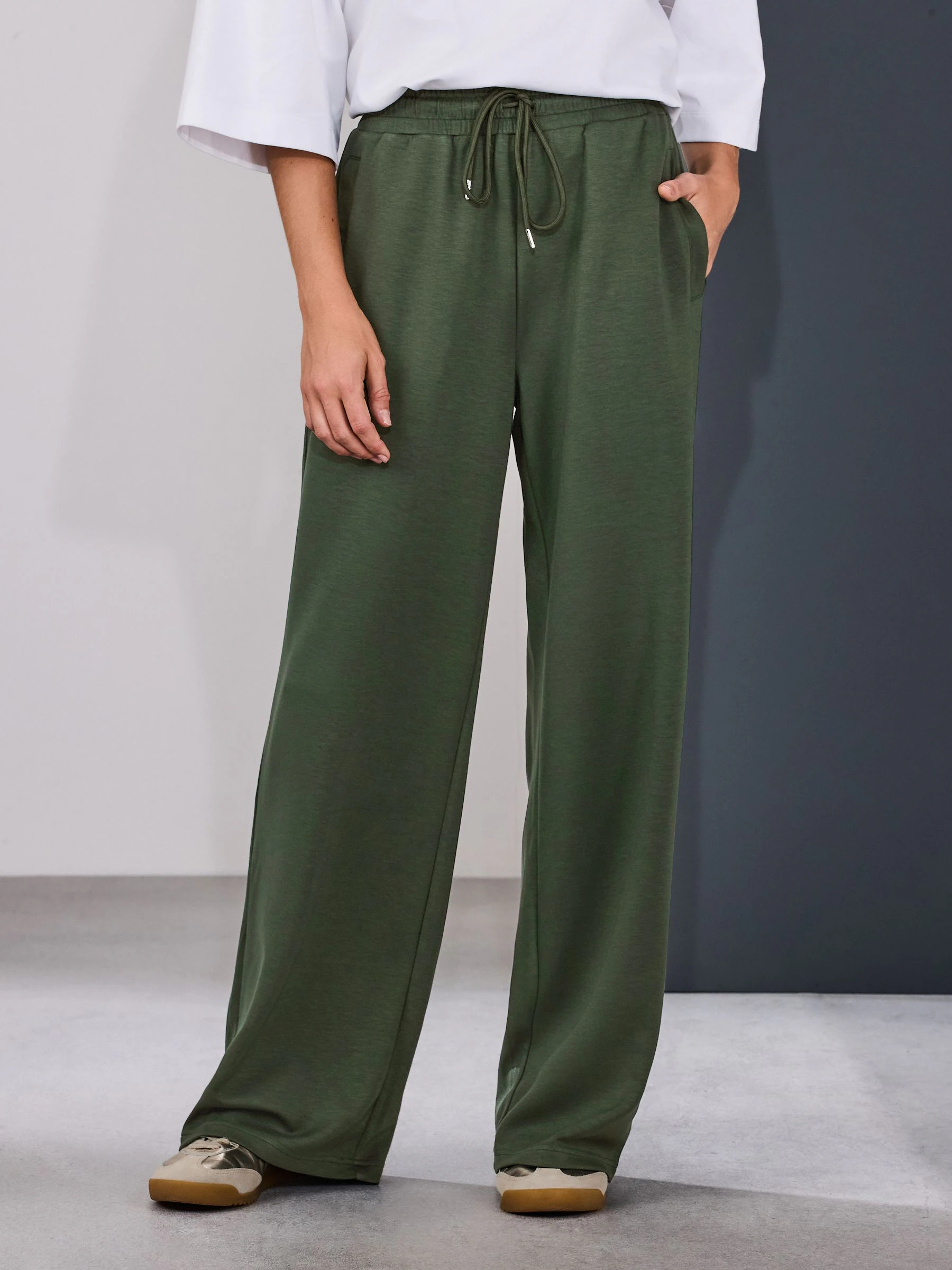 Khaki Green Slinky Supersoft Tie Front Wide Leg Trousers