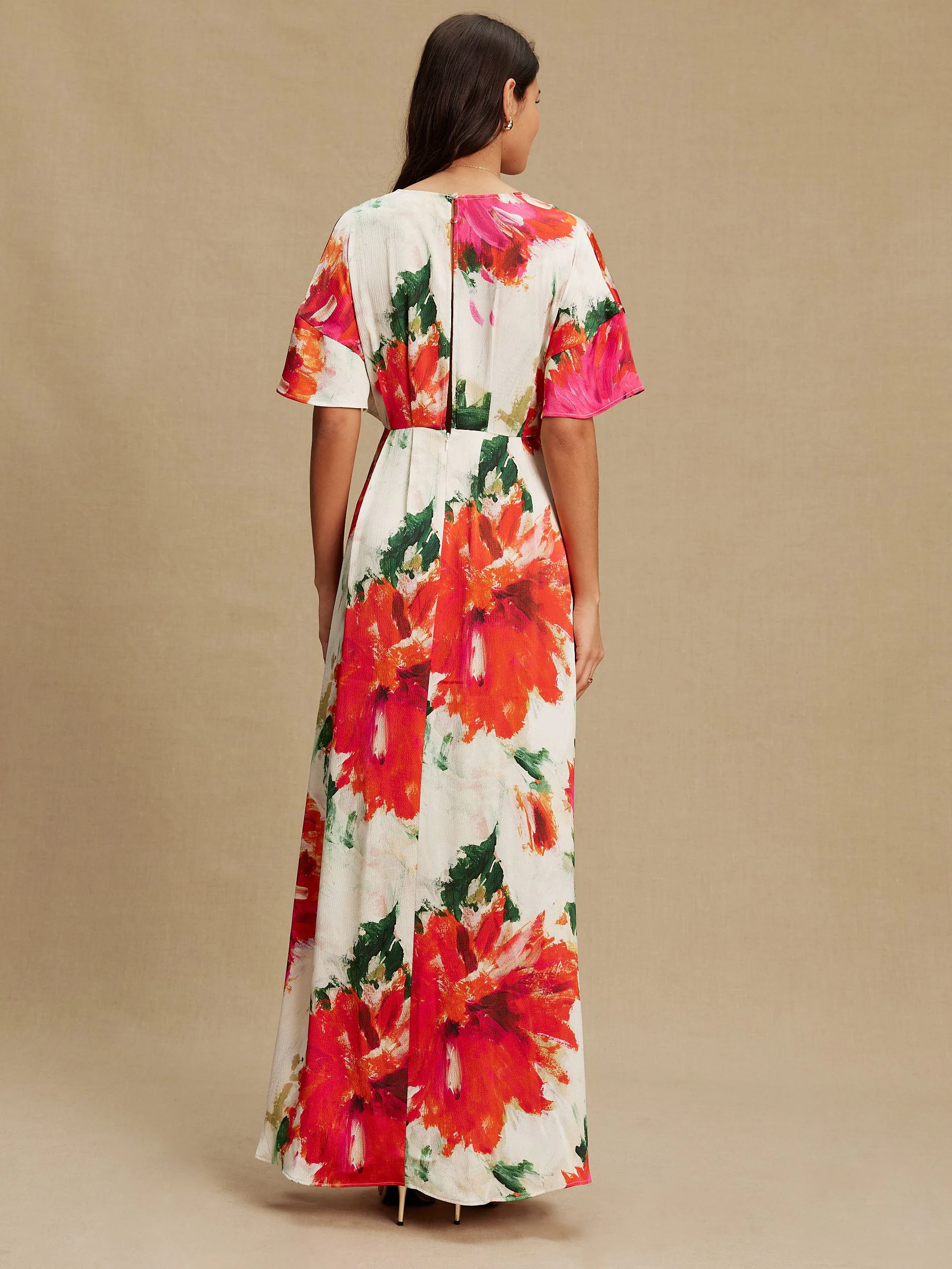 Ecru Floral Kaftan Textured Satin Maxi Occasion Dress