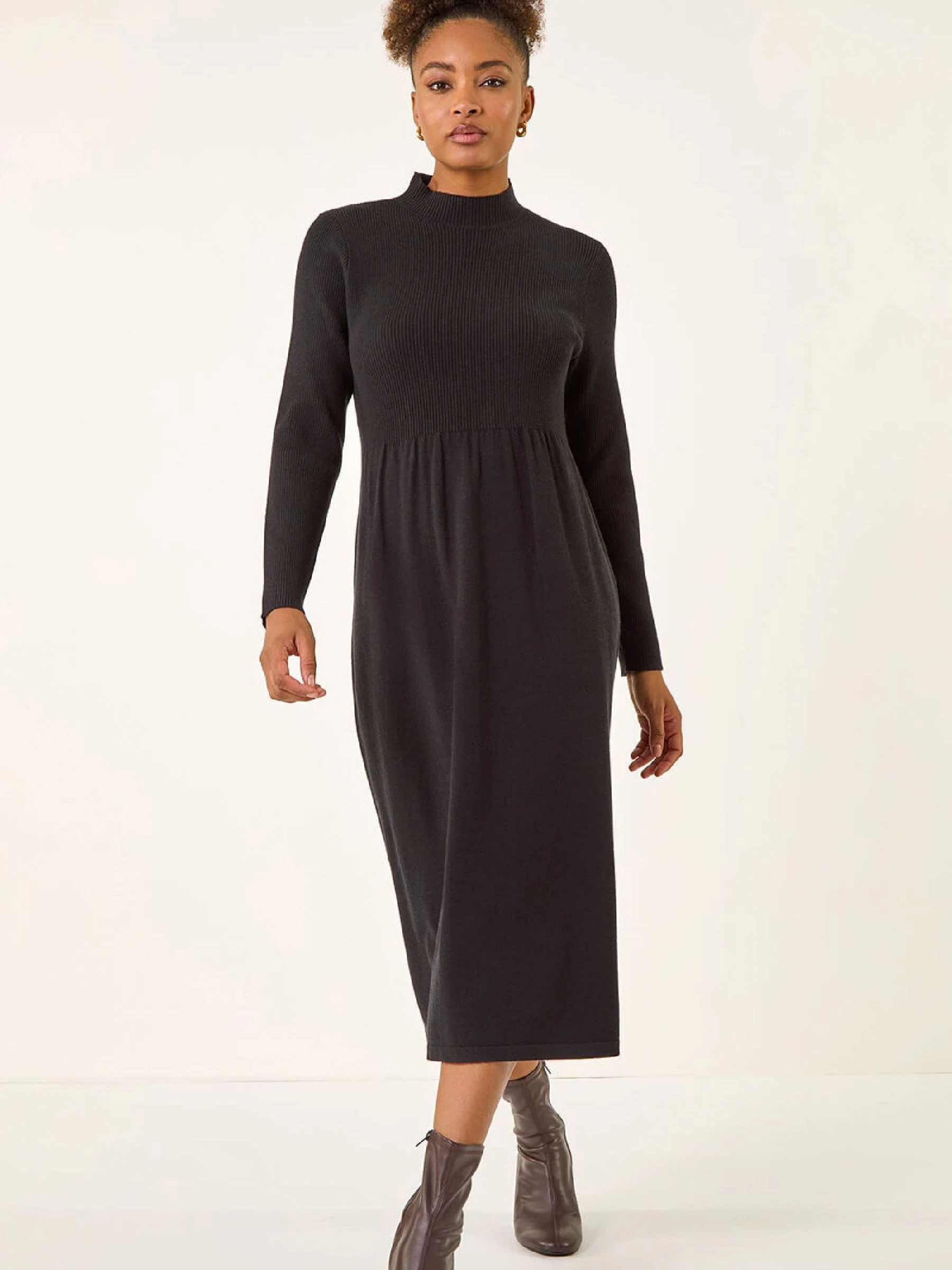 Roman Black Ribbed Knit High Neck Midi Dress