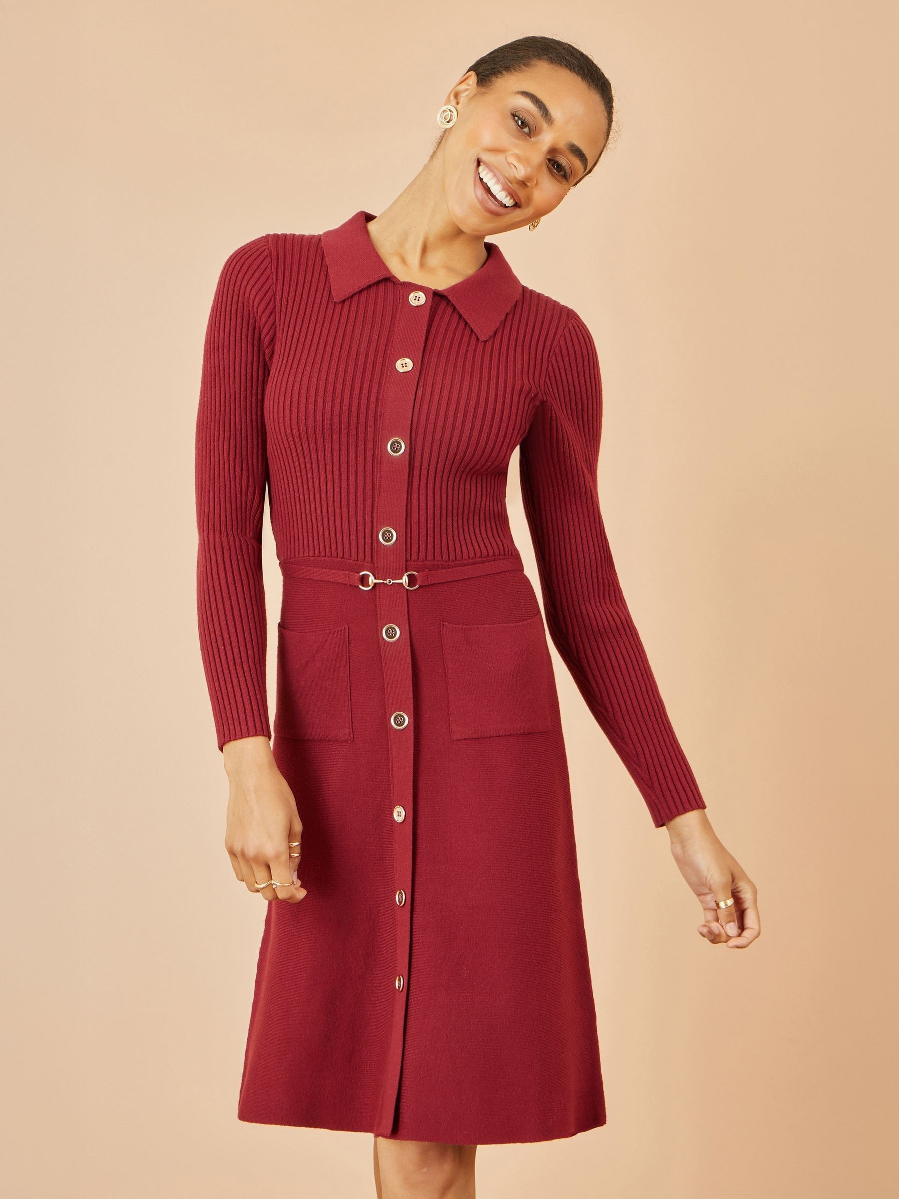 Yumi Red Rib Knit Midi Shirt Dress With Snaffle Belt