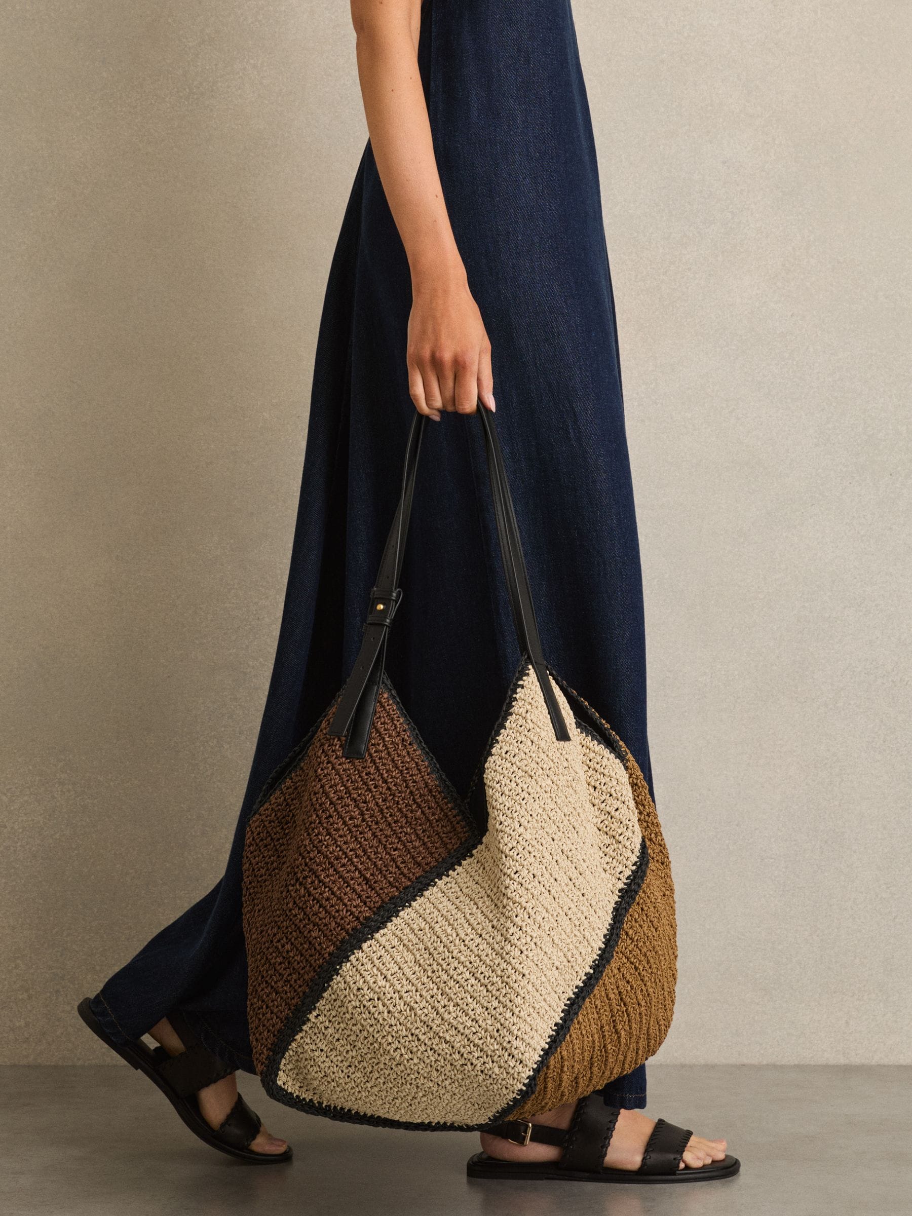 Reiss Tan Farrah Raffia-Effect Colour-Block Tote Bag