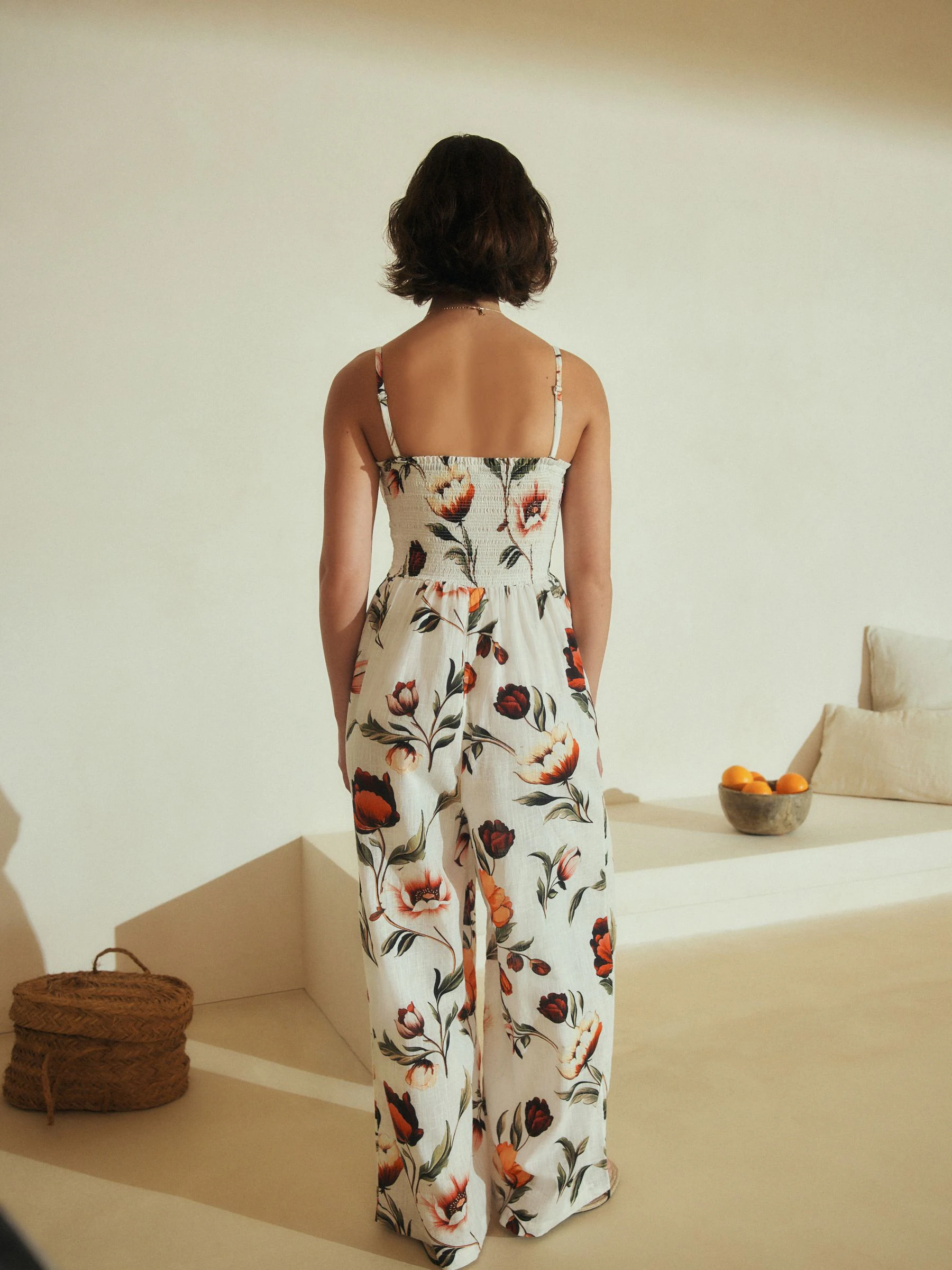 Cream/Red Floral Bandeau Jumpsuit with Linen