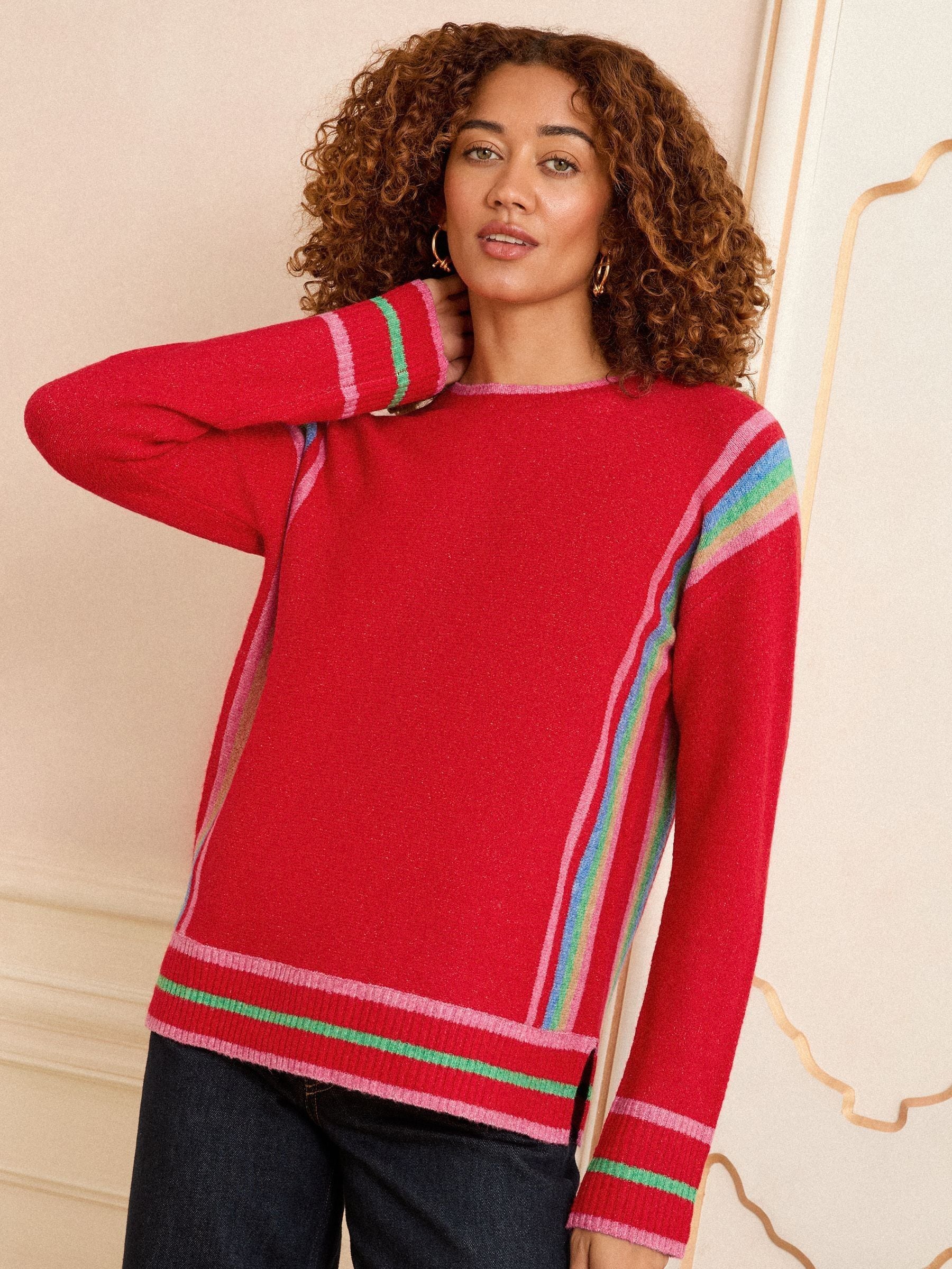Love & Roses Red Rainbow Side Stripe Crew Neck Knit Jumper