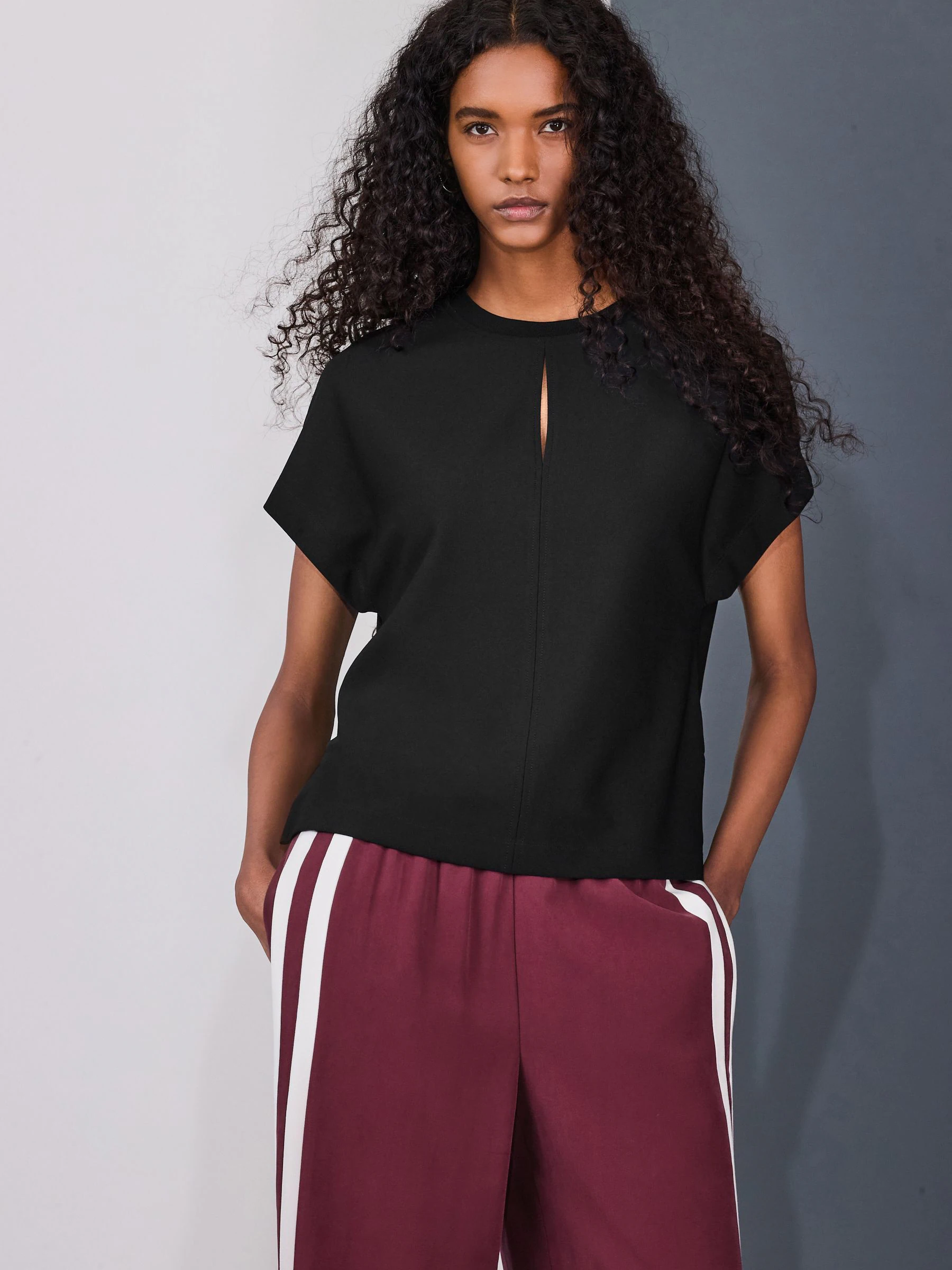 Black Short Sleeve Keyhole Crew Neck Top