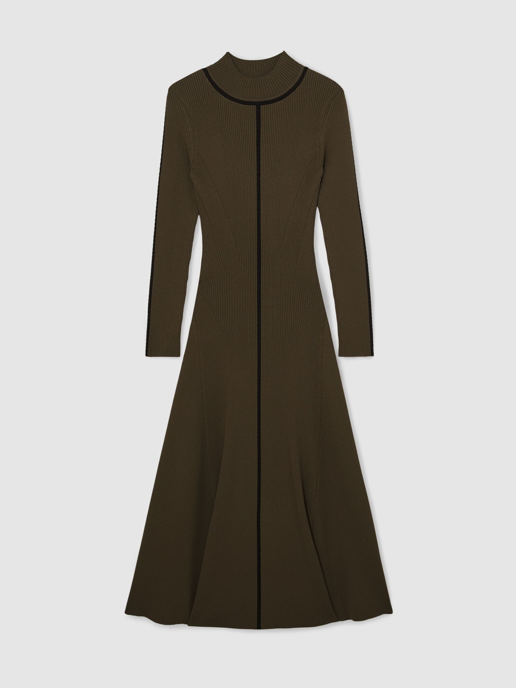 Reiss Khaki Green Polly Contrast-Stitch Knitted Midi Dress