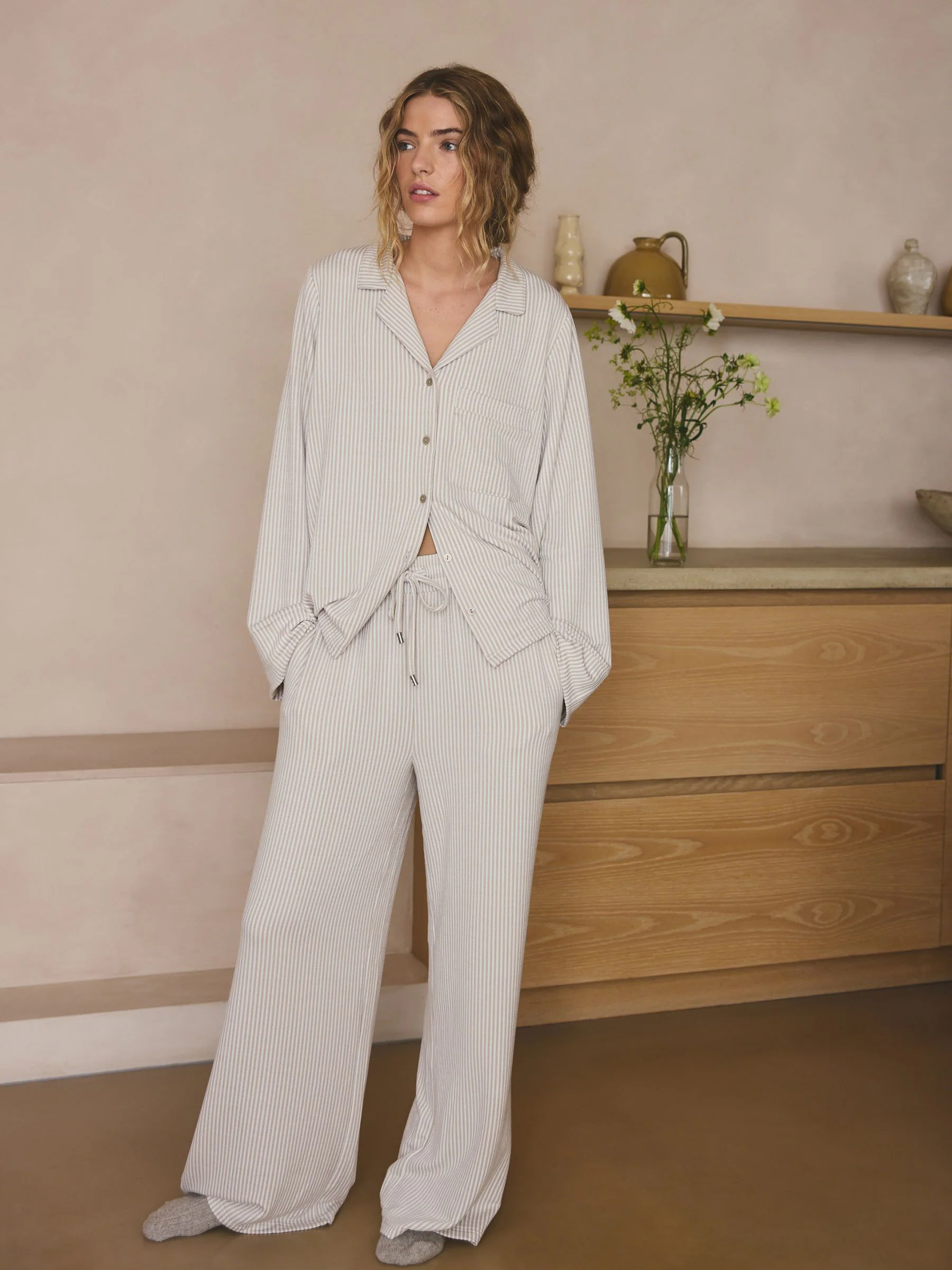 Neutral Stripe Jersey Button Through Pyjamas