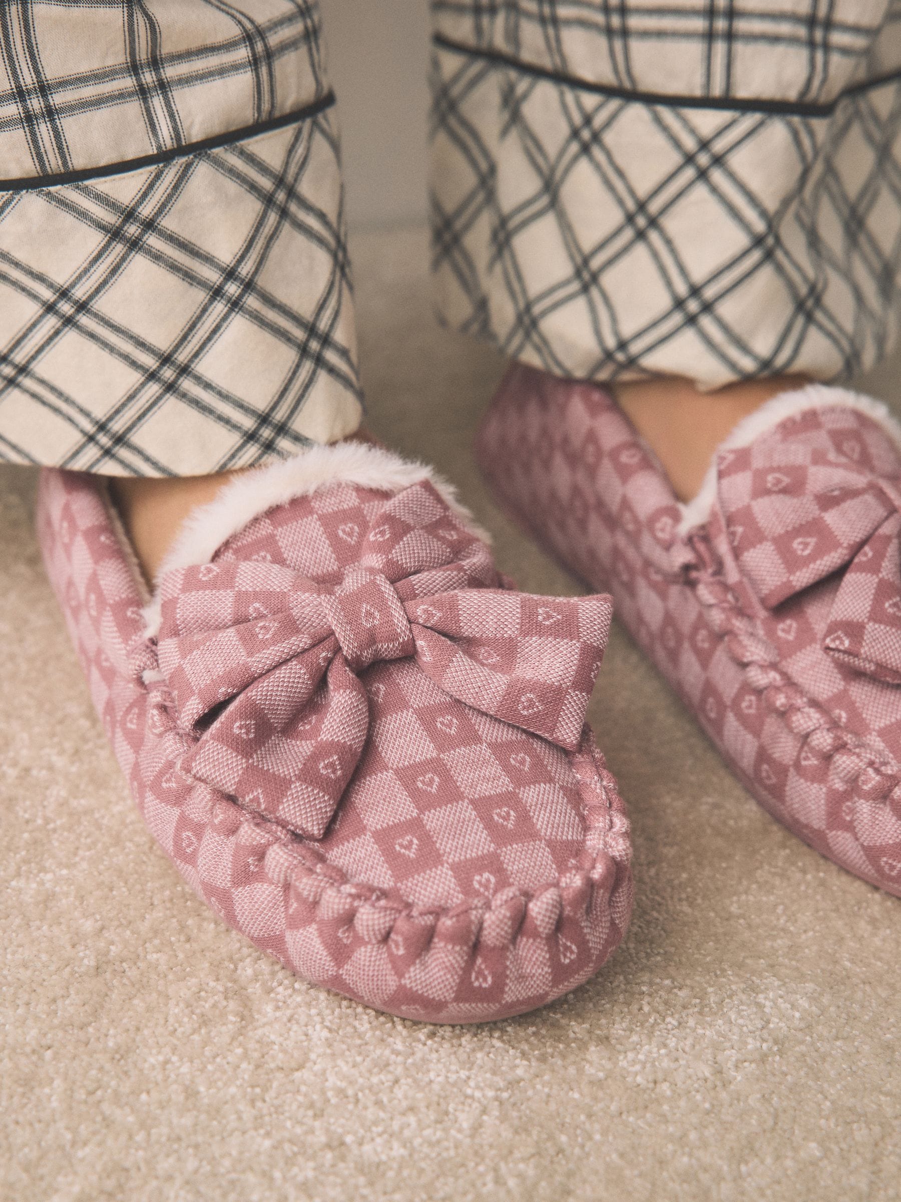 Pink Check Heart Moccasin Slippers