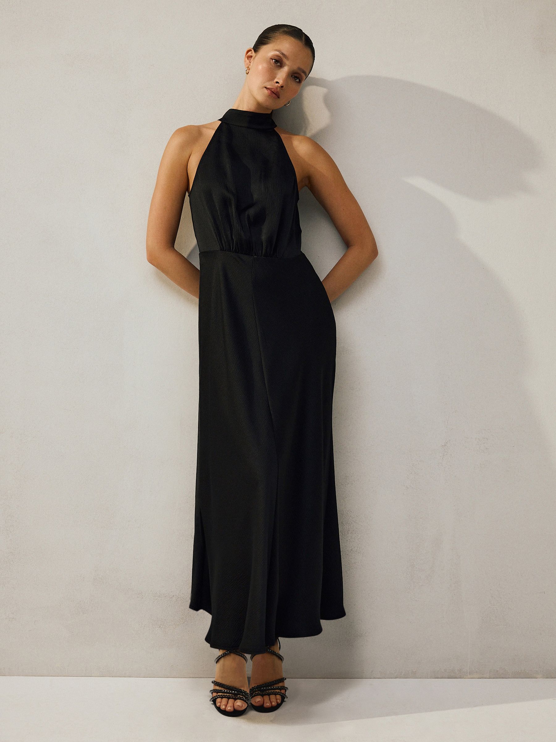 Black Textured Satin Halter Sleeveless Midi Dress