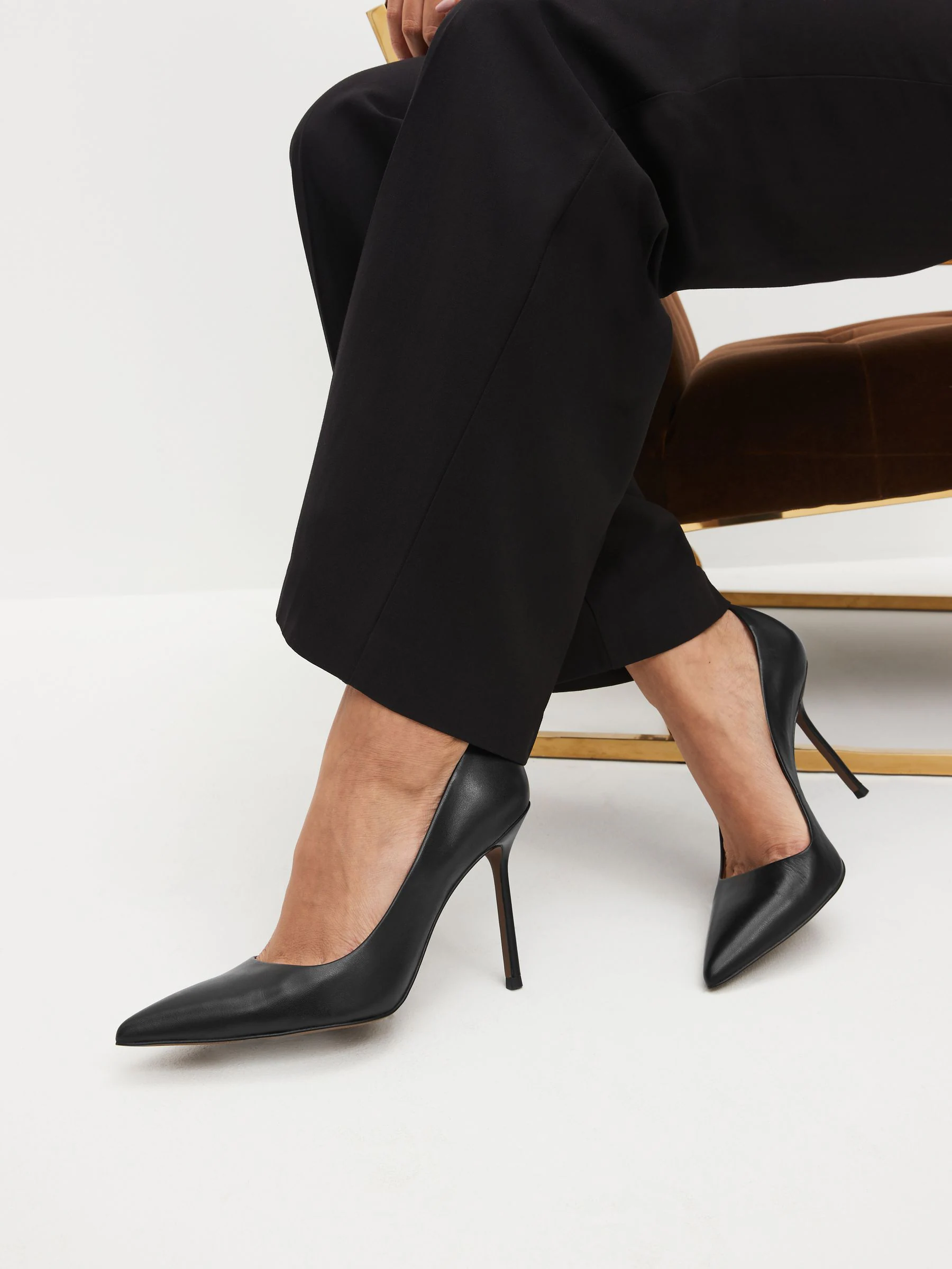 Black Leather Pointed Toe Court Shoes