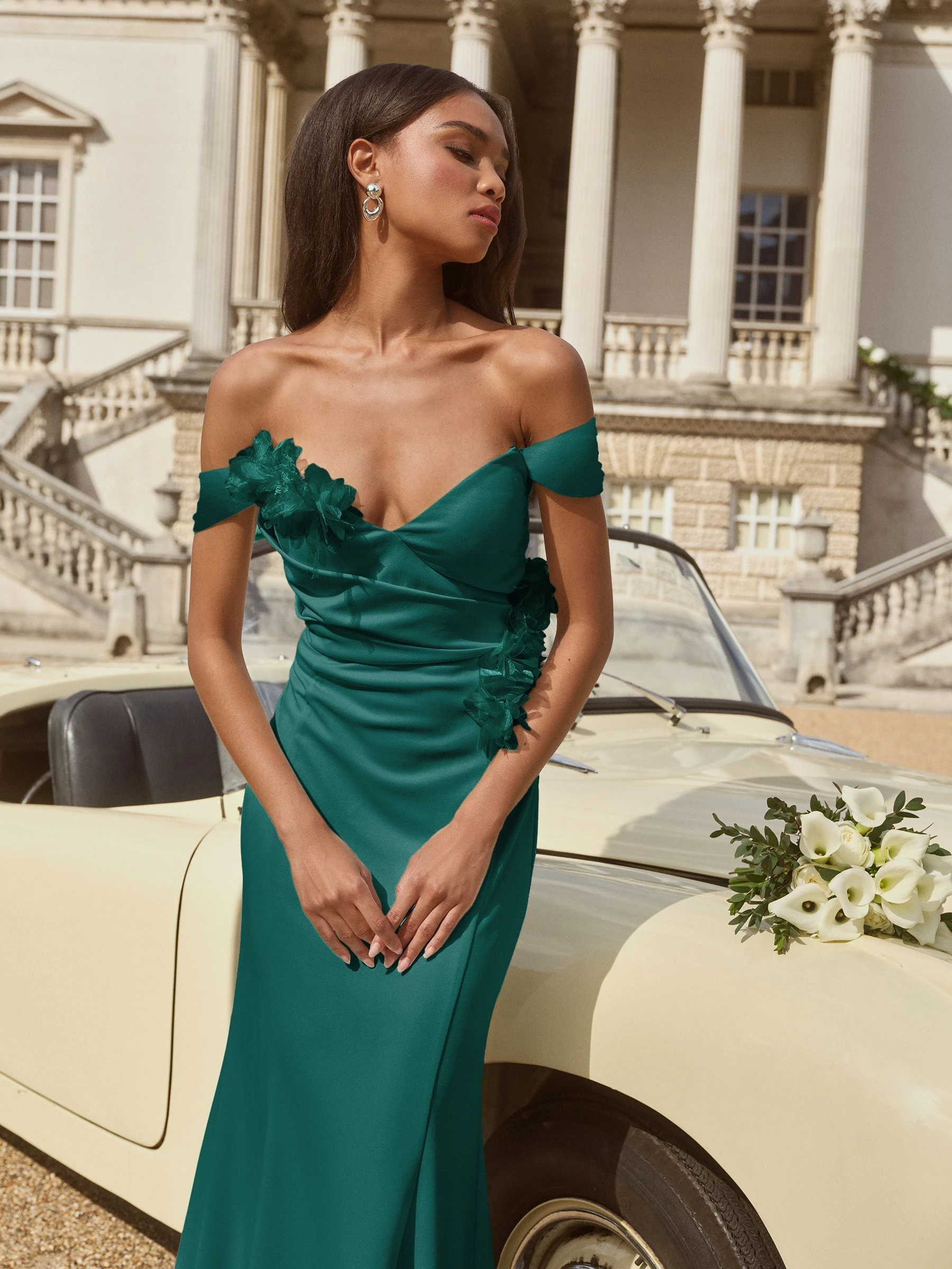 Lipsy Teal Blue Bardot 3D Floral Trim Bridesmaid Dress