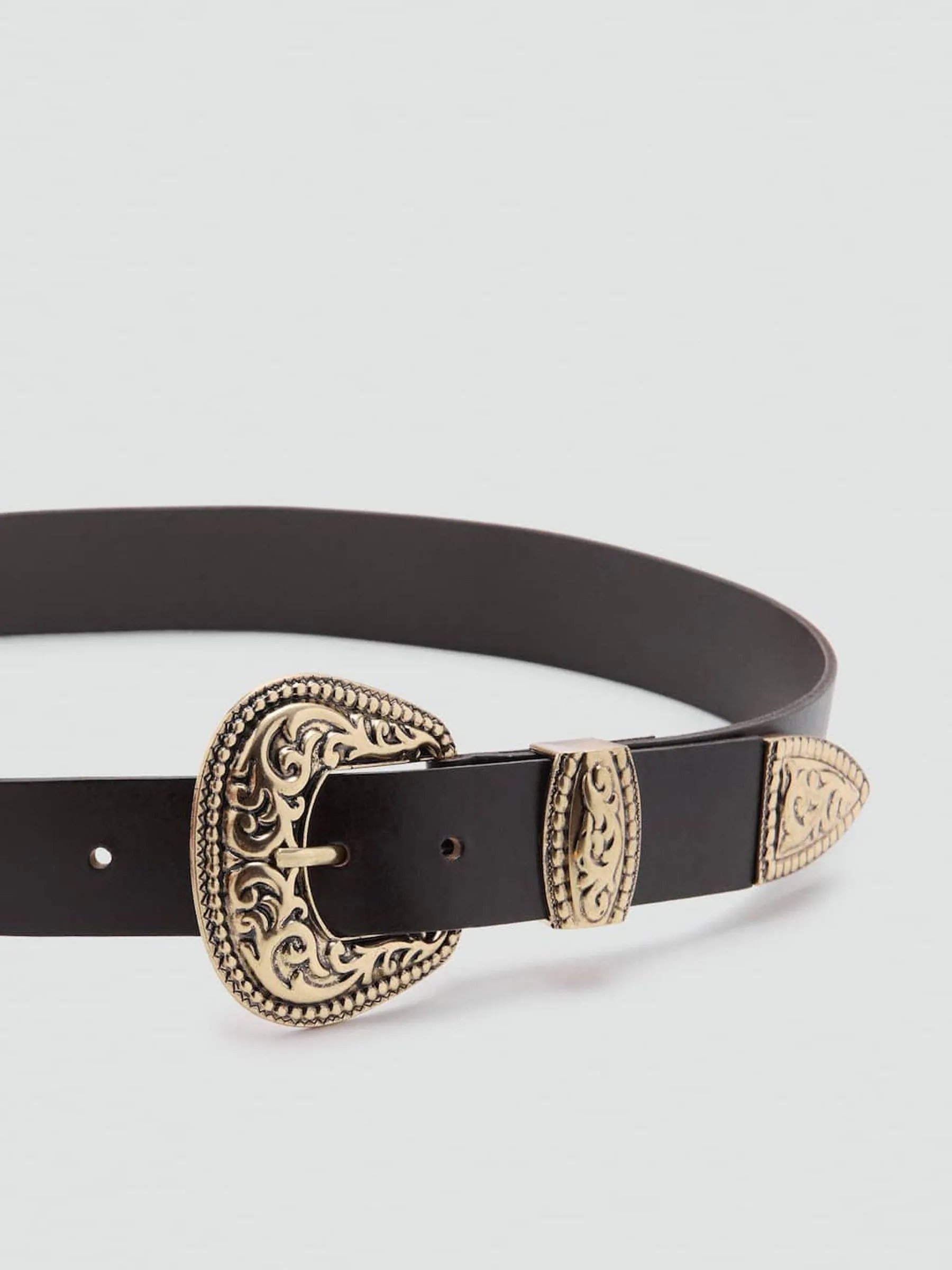 Mango Brown Engraved Buckle Leather Belt