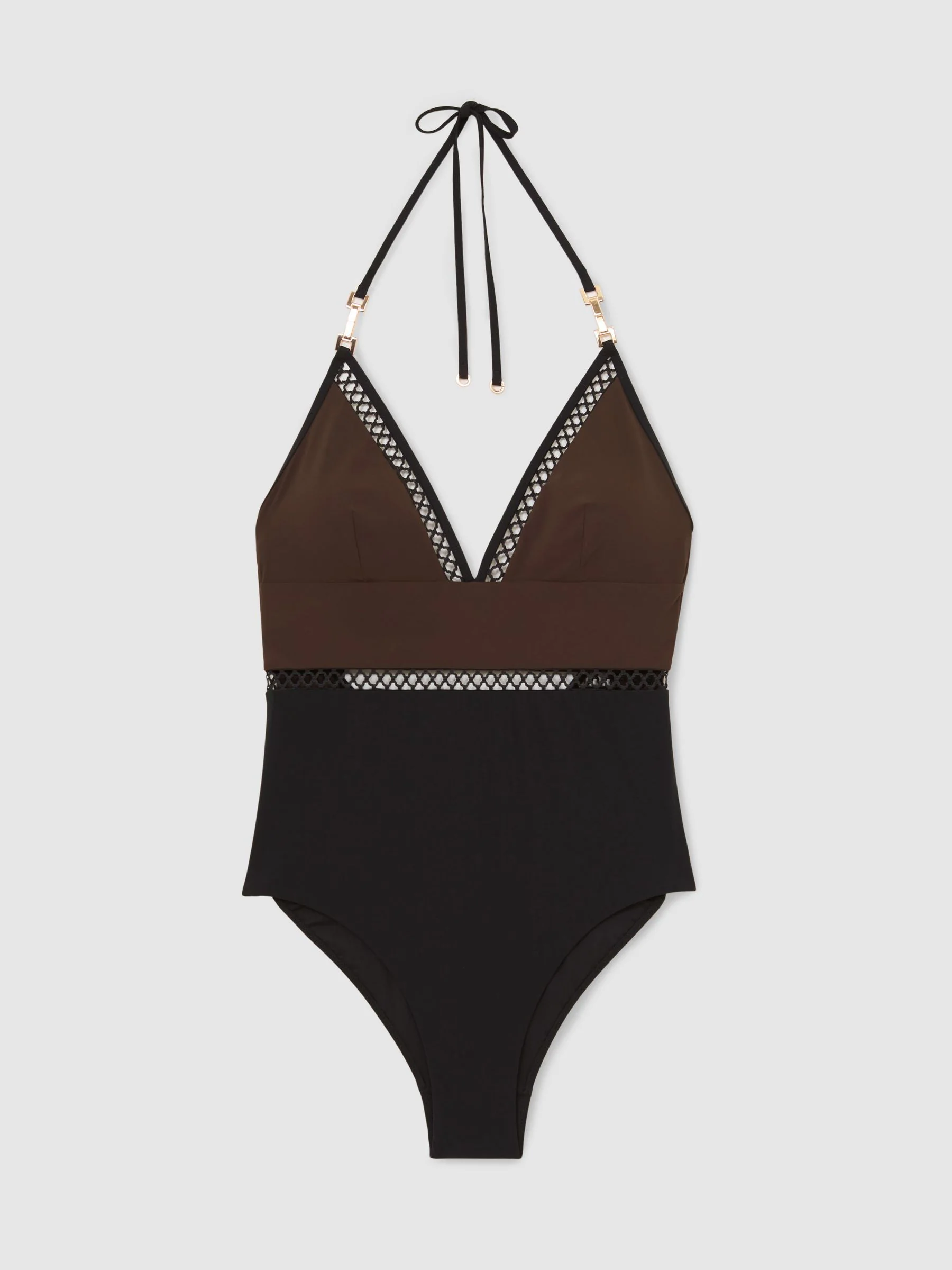 Reiss Chocolate Brown/Black Ray Colour-Block Lattice-Trim Swimsuit