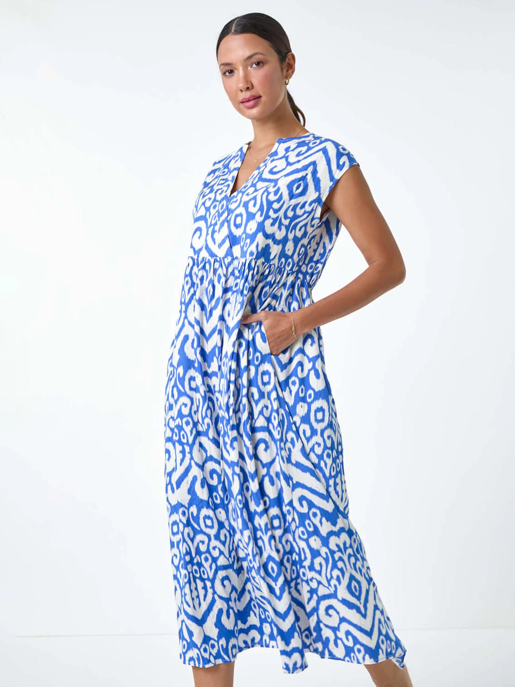 Roman Blue Print Midi Smock Dress