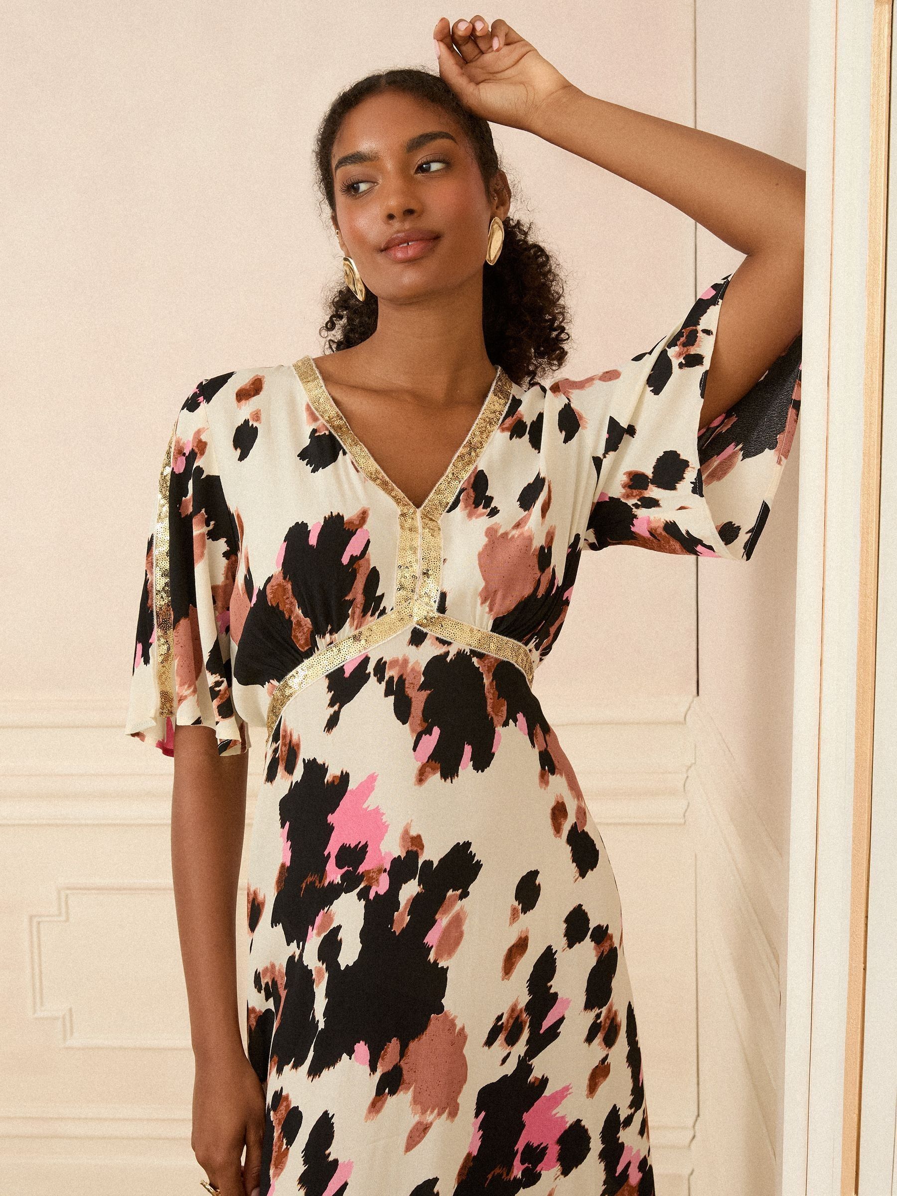 Love & Roses Neutral Sequin Angel Sleeve Midi Dress